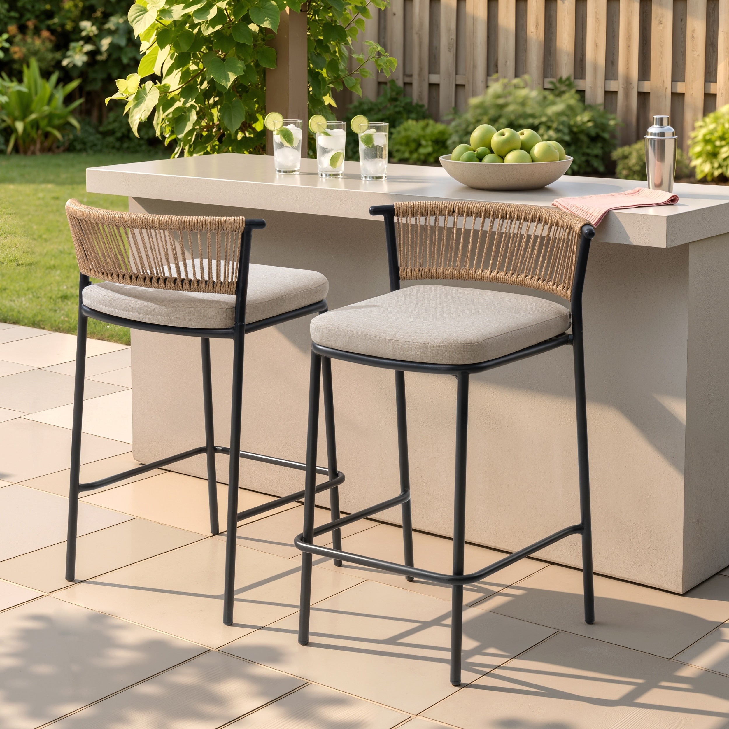 Indoor Outdoor Patio Metal And Woven Rattan Bar Stool Set 2 Piece