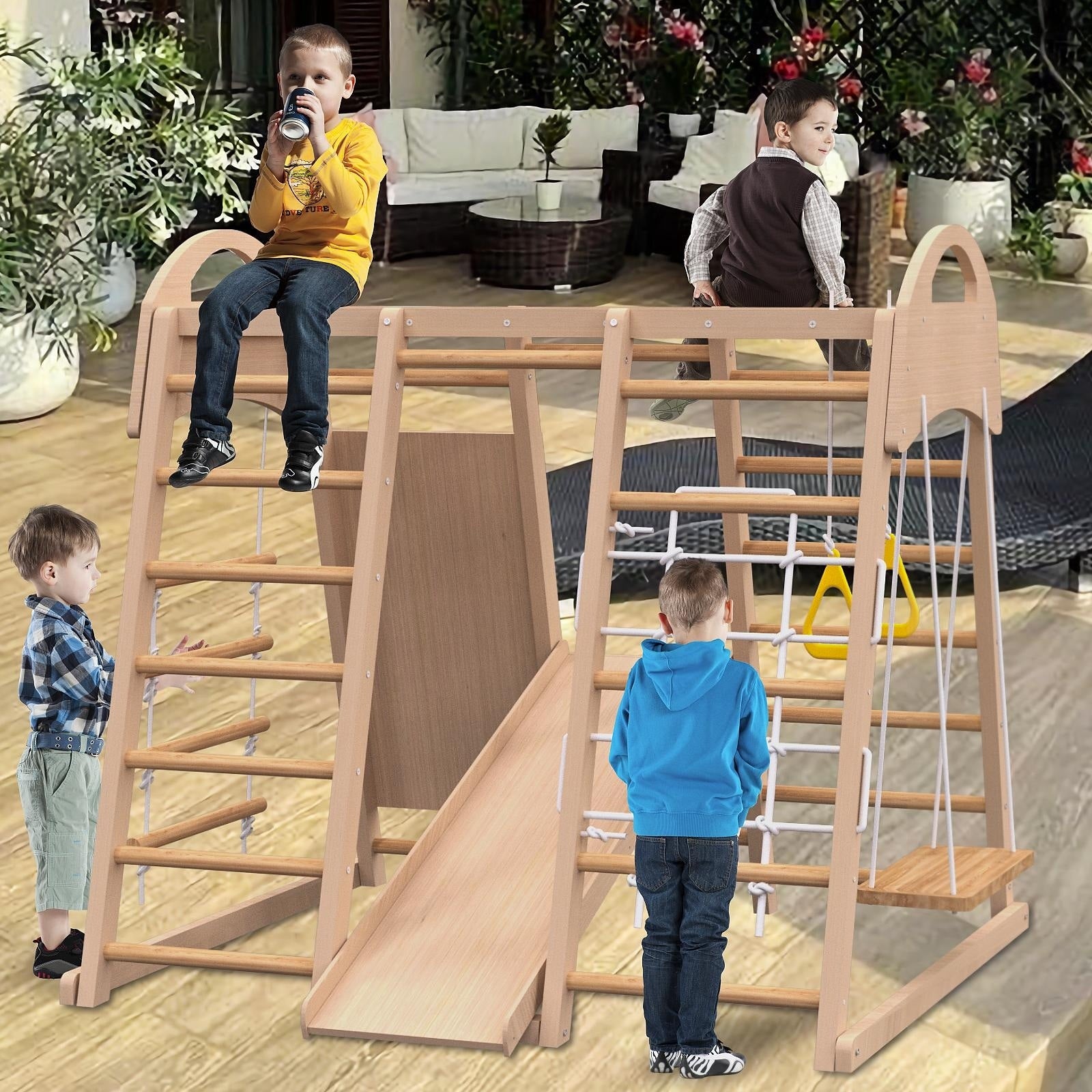 Indoor Playground 7 In 1 Jungle Gym Playset For Kids 2 6Yrs Slide Climbing Wall Rope Wall Climber Monkey Bars