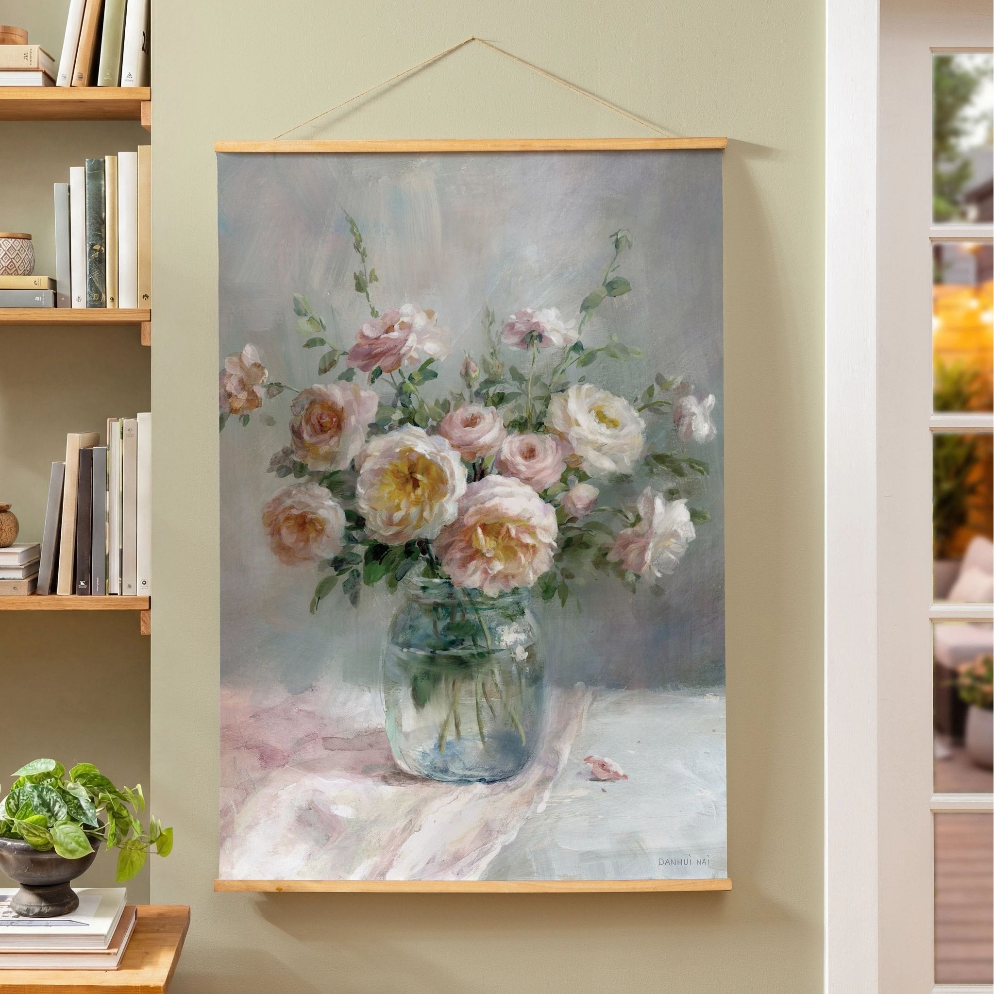 Indoor Wall Decor Canvas Tapestry Pink White Roses In Vase