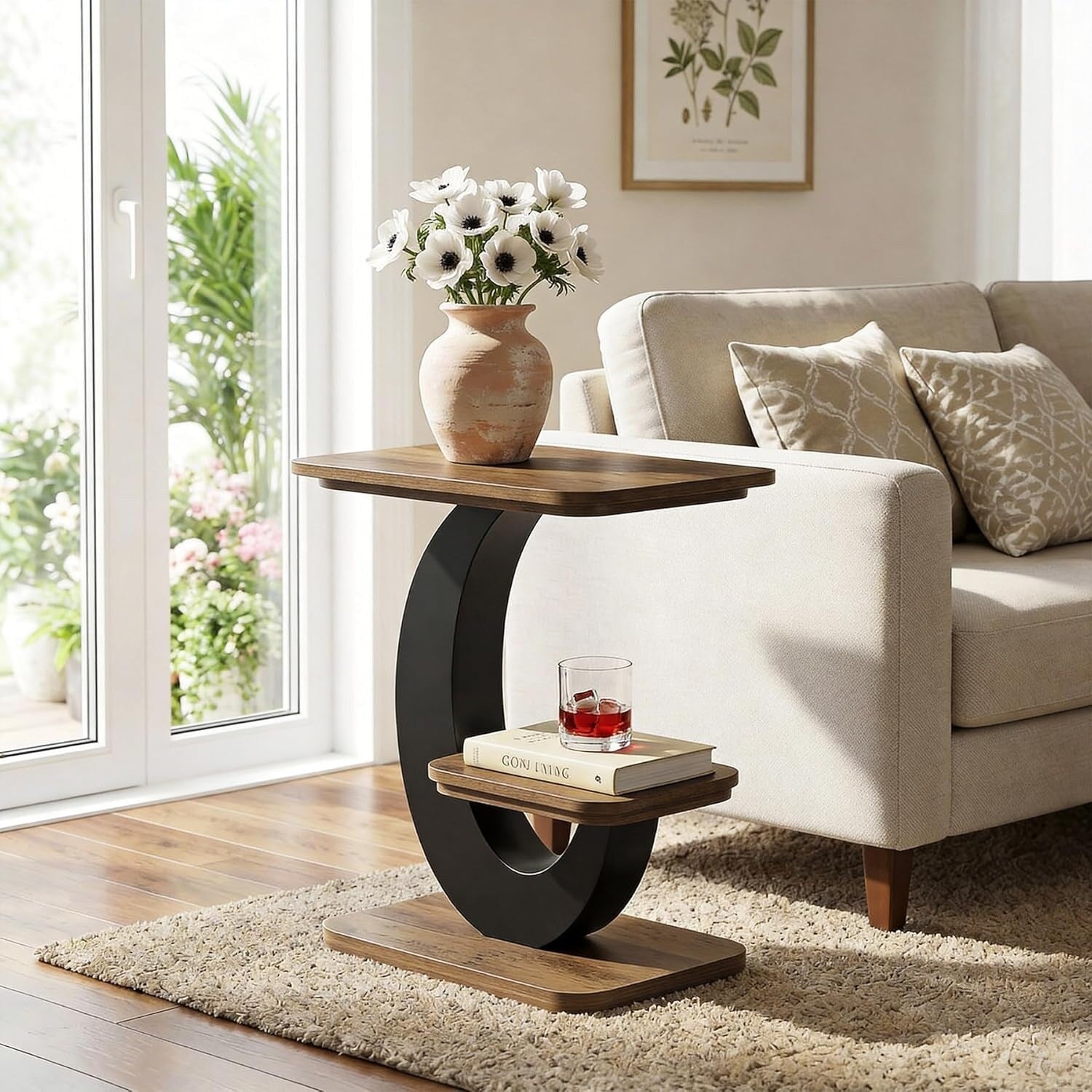 Industrial 2 Tier Narrow Side Table With Metal Arc Frame Wooden End Table Nightstand With Storage Shelf For Small Spaces