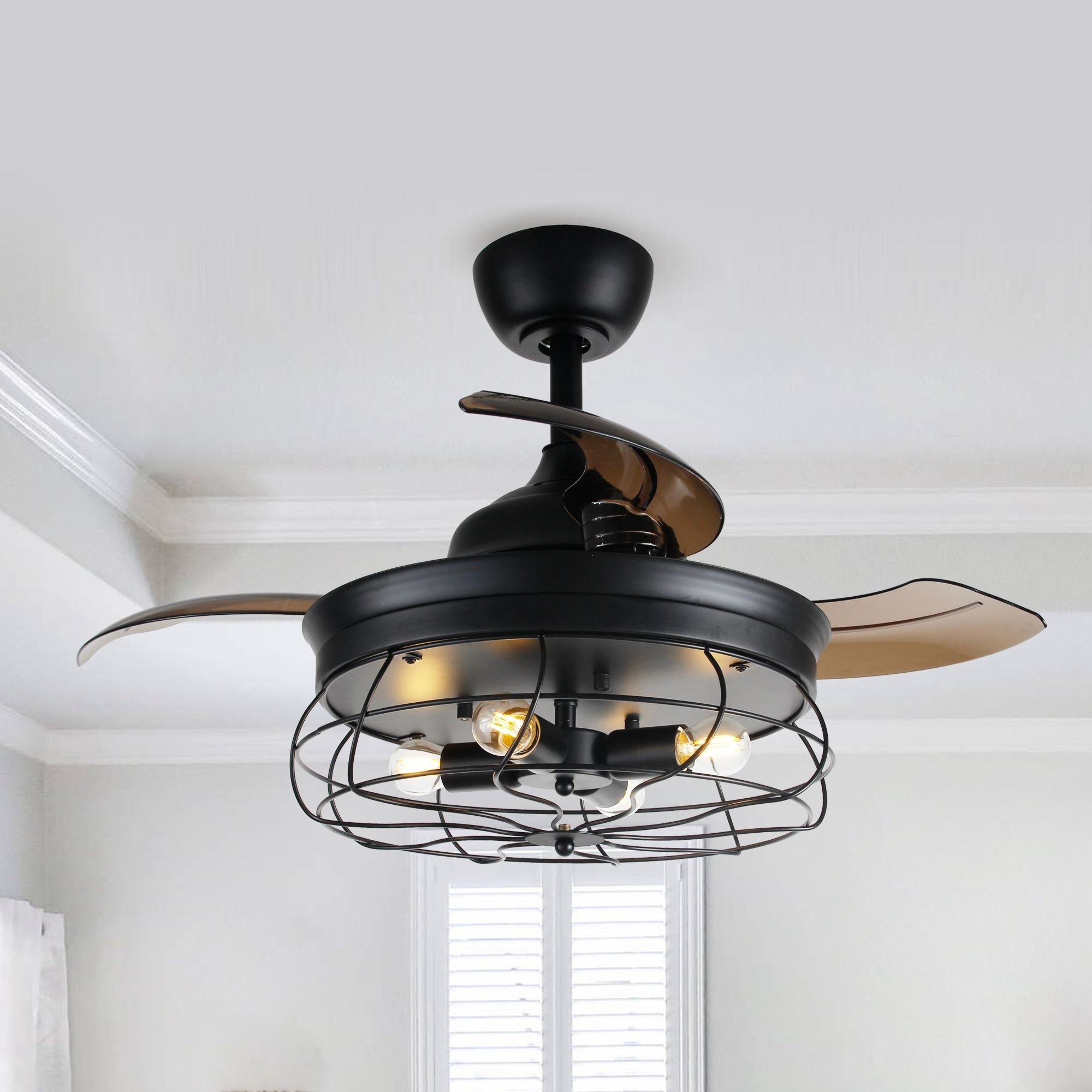 Industrial 34 In Retractable 3 Blade Caged Ceiling Fan With Light Kit