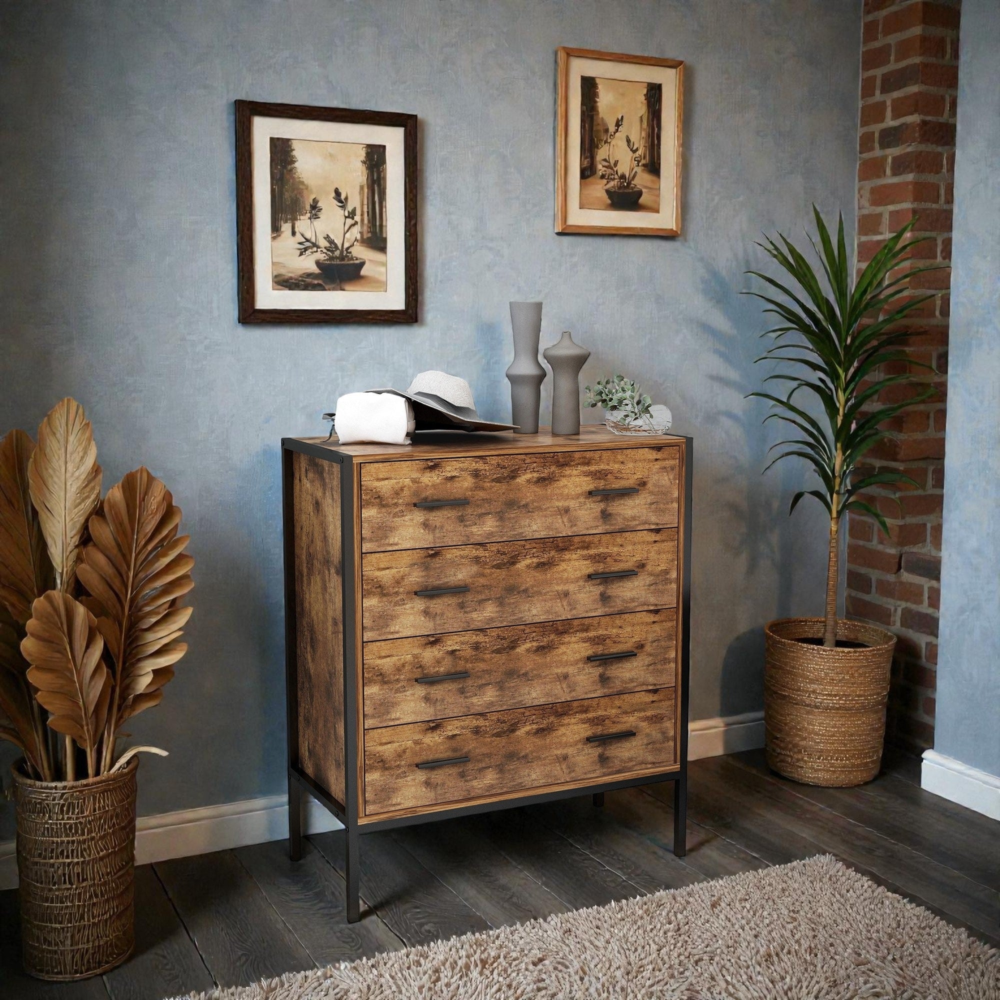 Industrial 4 Drawer Dresser Rustic Brown Wood Storage Chest With Steel Frame For Bedroom Living Room
