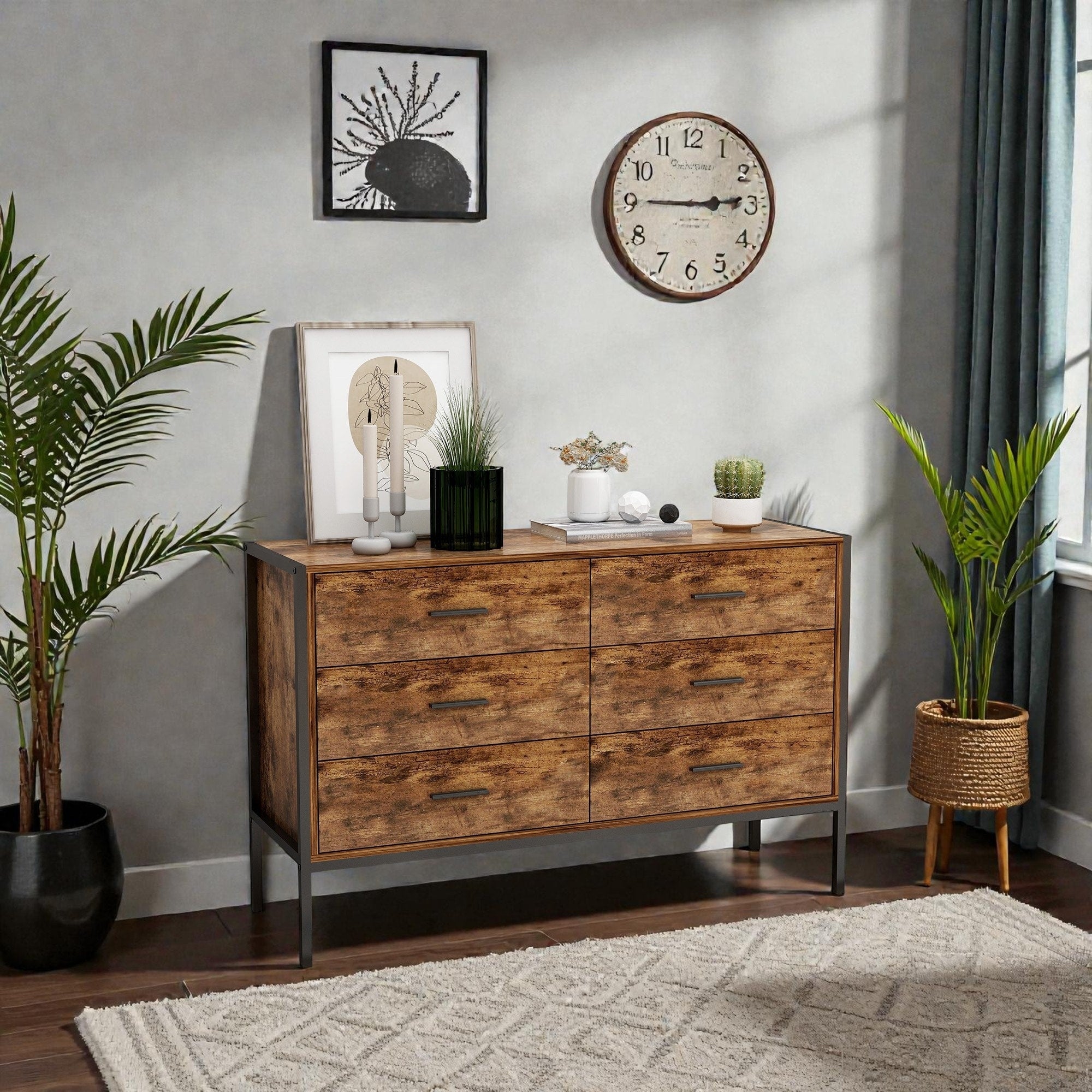Industrial 6 Drawer Double Dresser Rustic Brown Wood Storage Chest With Steel Frame For Bedroom Living Room