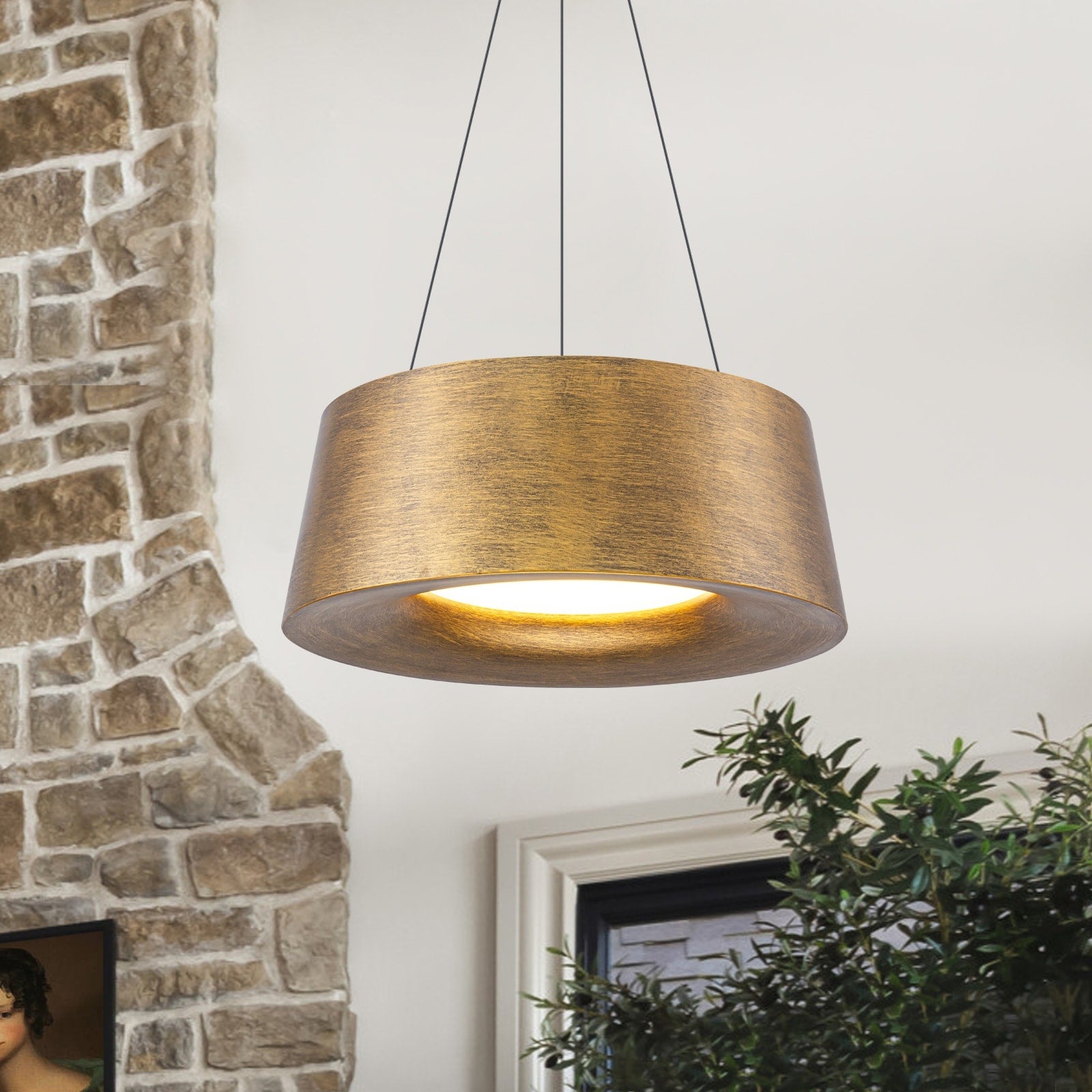 Industrial 1 Light Antique Gold Led Drum Metal Pendant Light Antique Gold