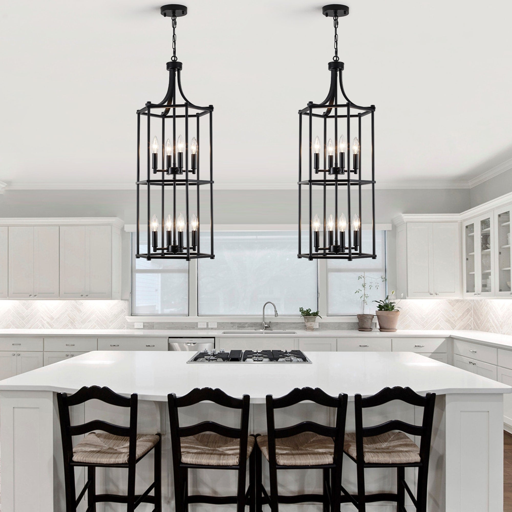 Industrial Black 8 Light Cage Lantern Pendant Light 2 Tier Chandelier For Entryway Foyer Dining Room