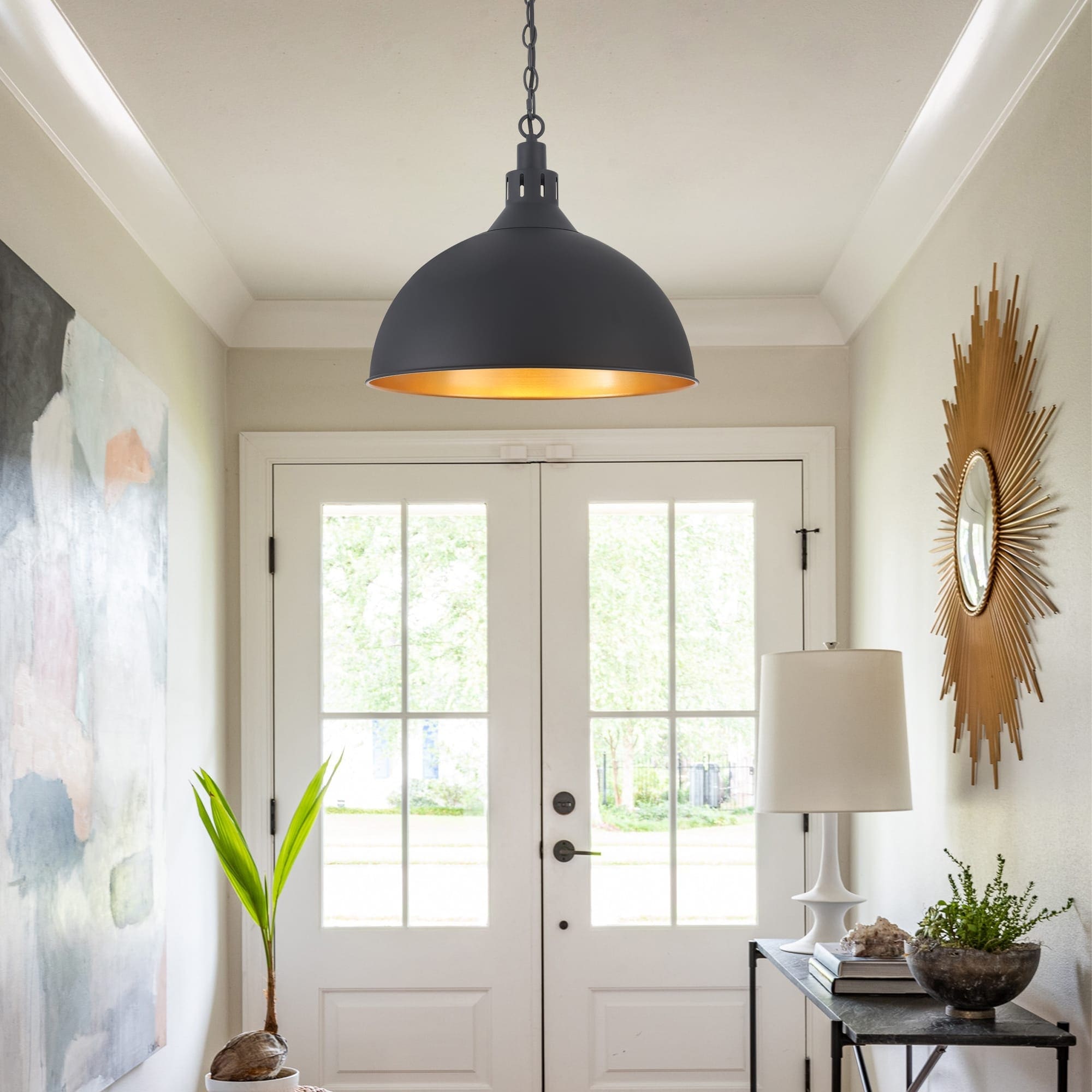 Industrial Black Dome Pendant Light Gold Interior Hanging Lamp With Adjustable Chain For Kitchen Dining Room