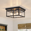 Industrial Black Glass Square Lantern Flush Mount Light 11In
