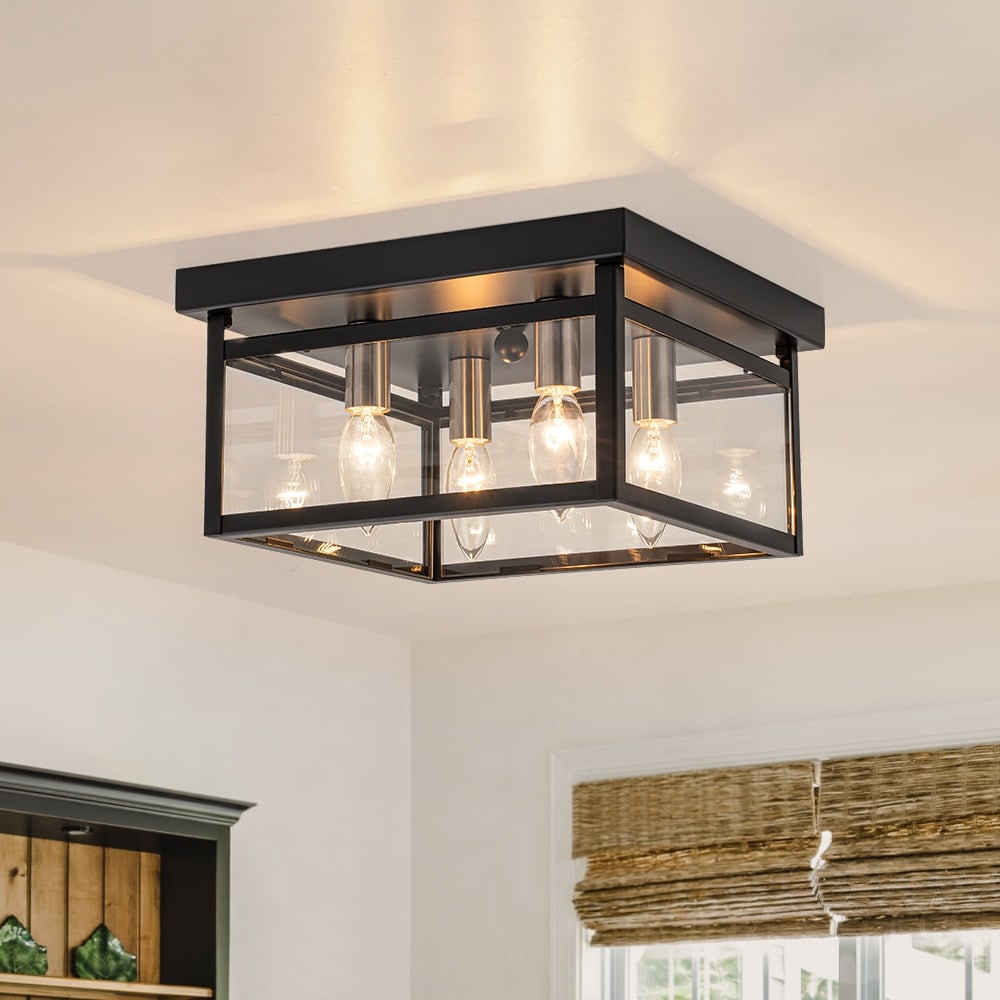 Industrial Black Glass Square Lantern Flush Mount Light 11In