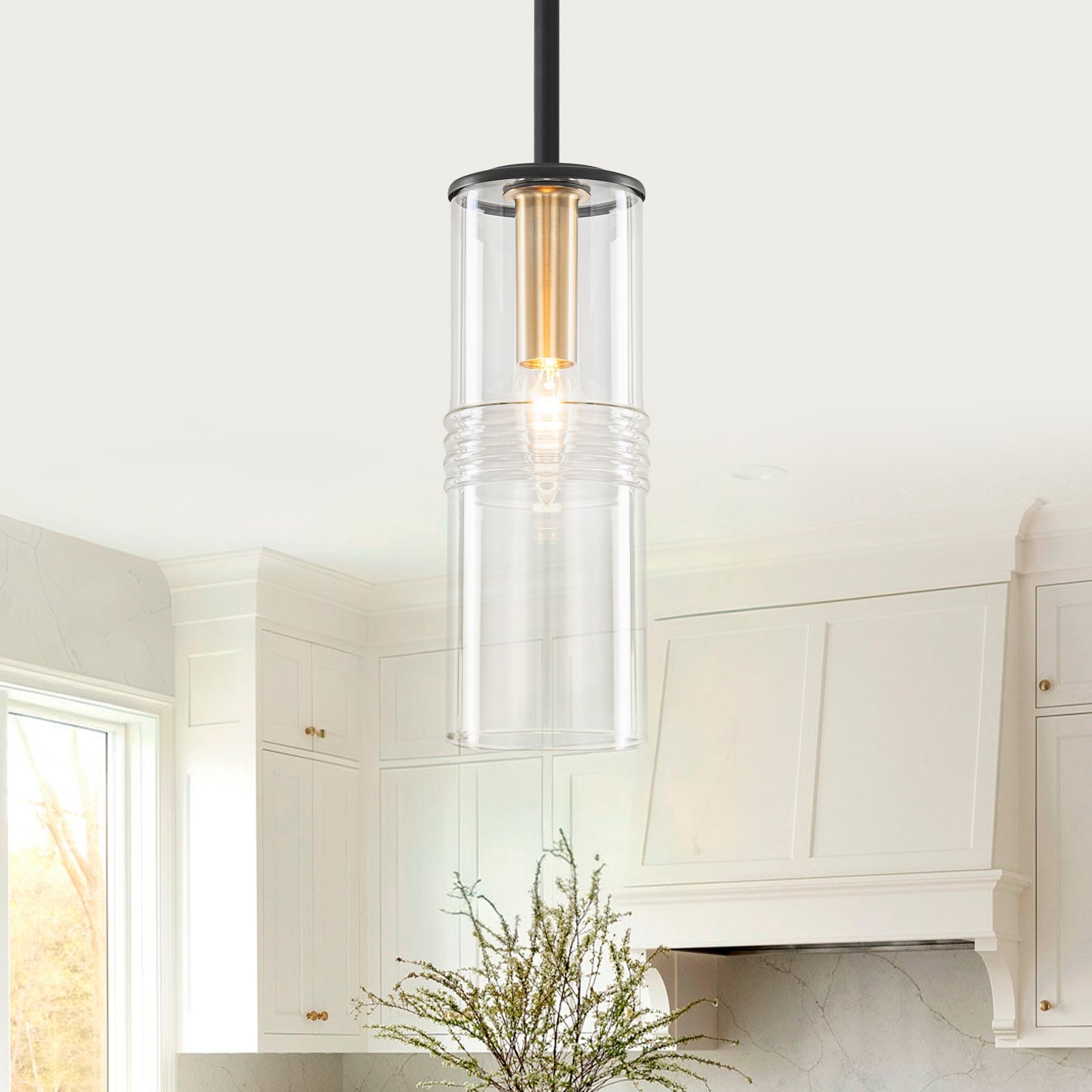 Industrial Black Mini Pendant Light Clear Cylindrical Glass Shade Dia.3.54 In