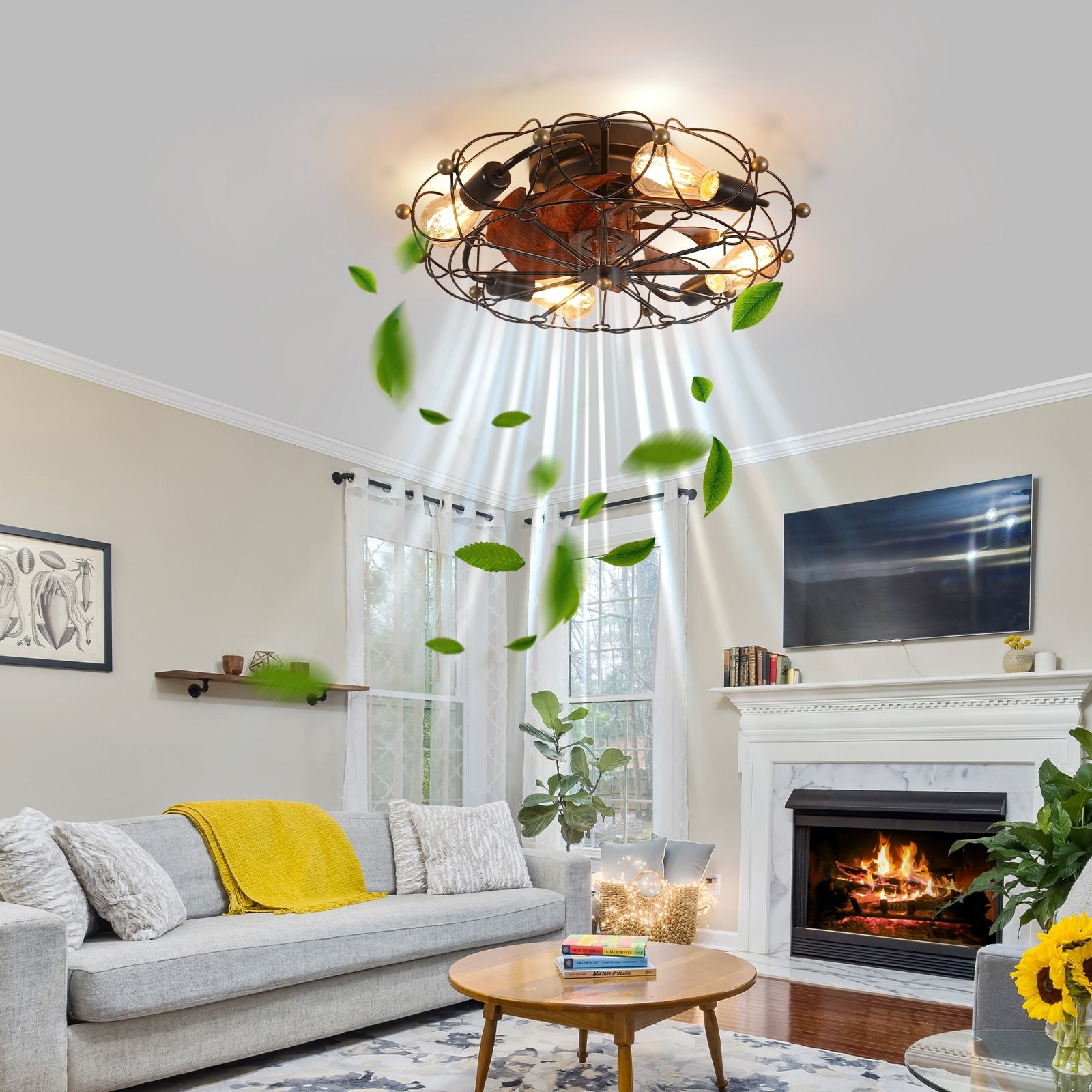 Industrial Caged Ceiling Fan With Lights Remote Control