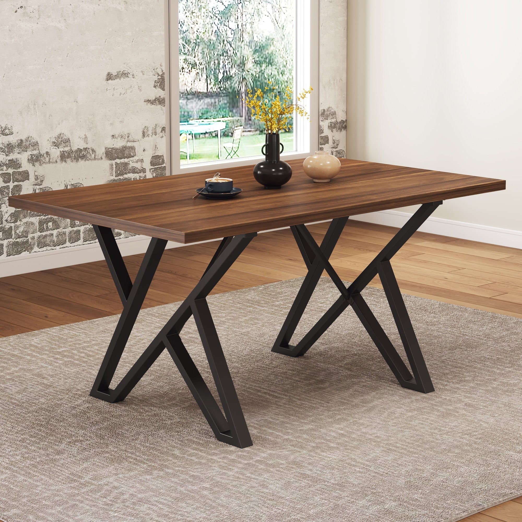 Industrial Dining Table Walnut Mdf Top Metal Trestle Base Distressed Finish Walnut Black