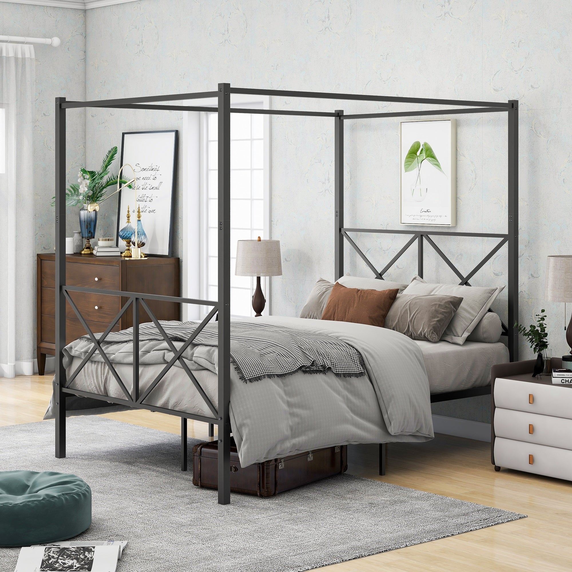 Industrial Full Platform Bed With X Frame And Canopy