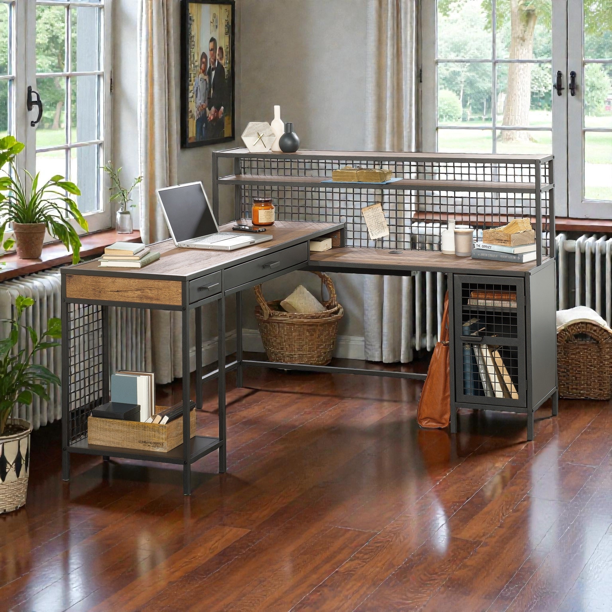 Industrial L Shaped Desk With 2 Drawers And Shelves Computer Desk With Cable Management And Metal Frame