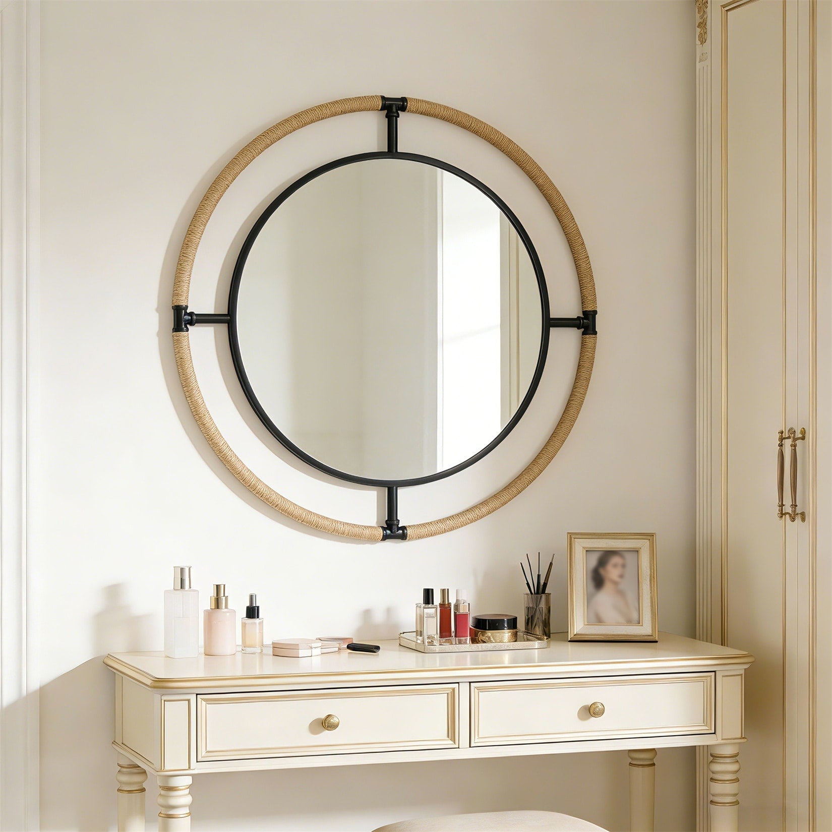 Industrial Nautical Dual Round Wall Hanging Decorative Mirror With Rope Coastal Decor Mirror