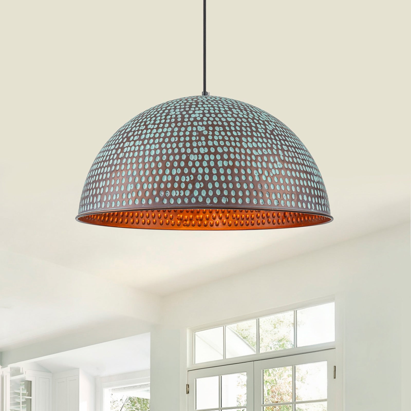 Industrial Pendant Light With Hammered Dome Shade Green Patina Finish Dia.19.69 In