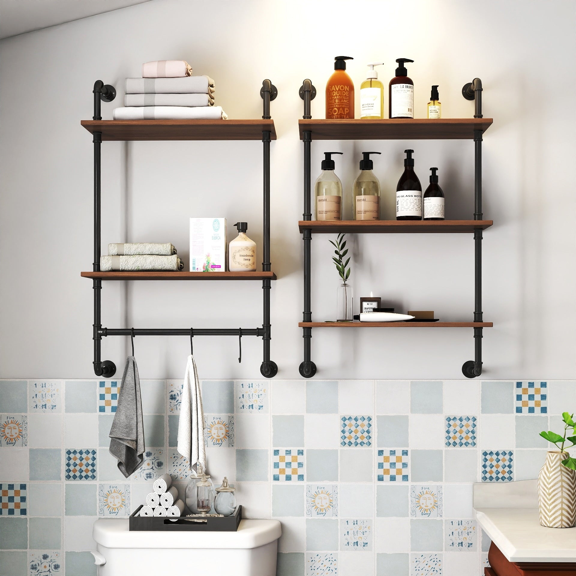 Industrial Pipe Shelf 3 Tier And 2 Tier Shelves 36In Wood Display Shelves And 3 Additional Hooks Farmhouse Kitchen Bar Shelf