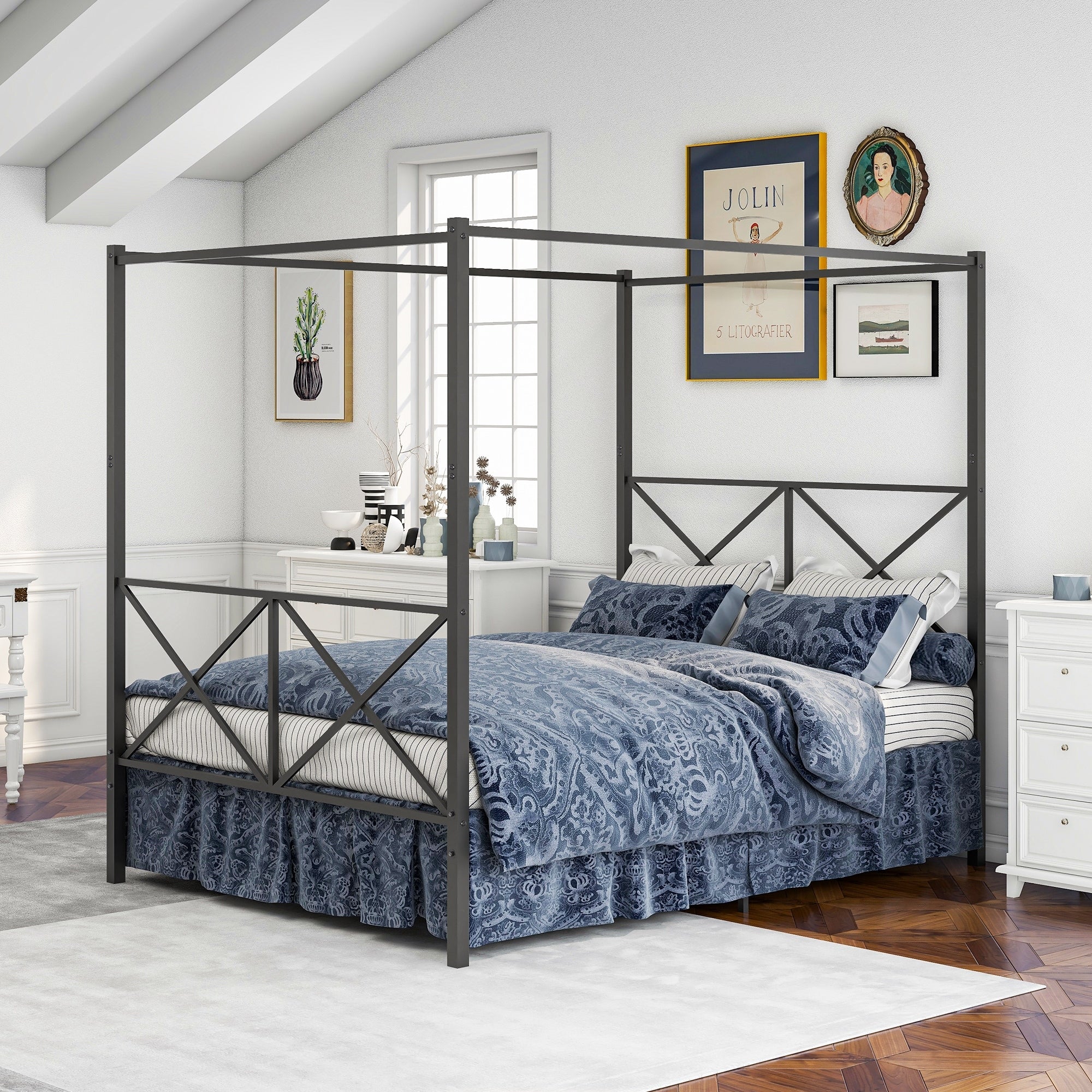Industrial Queen Metal Canopy Bed Platform Bed Frame With X Shaped Design