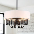 Industrial Rustic 6 Light Drum Pendant Light Metal Grid Frame With White Fabric Shade For Dining Room
