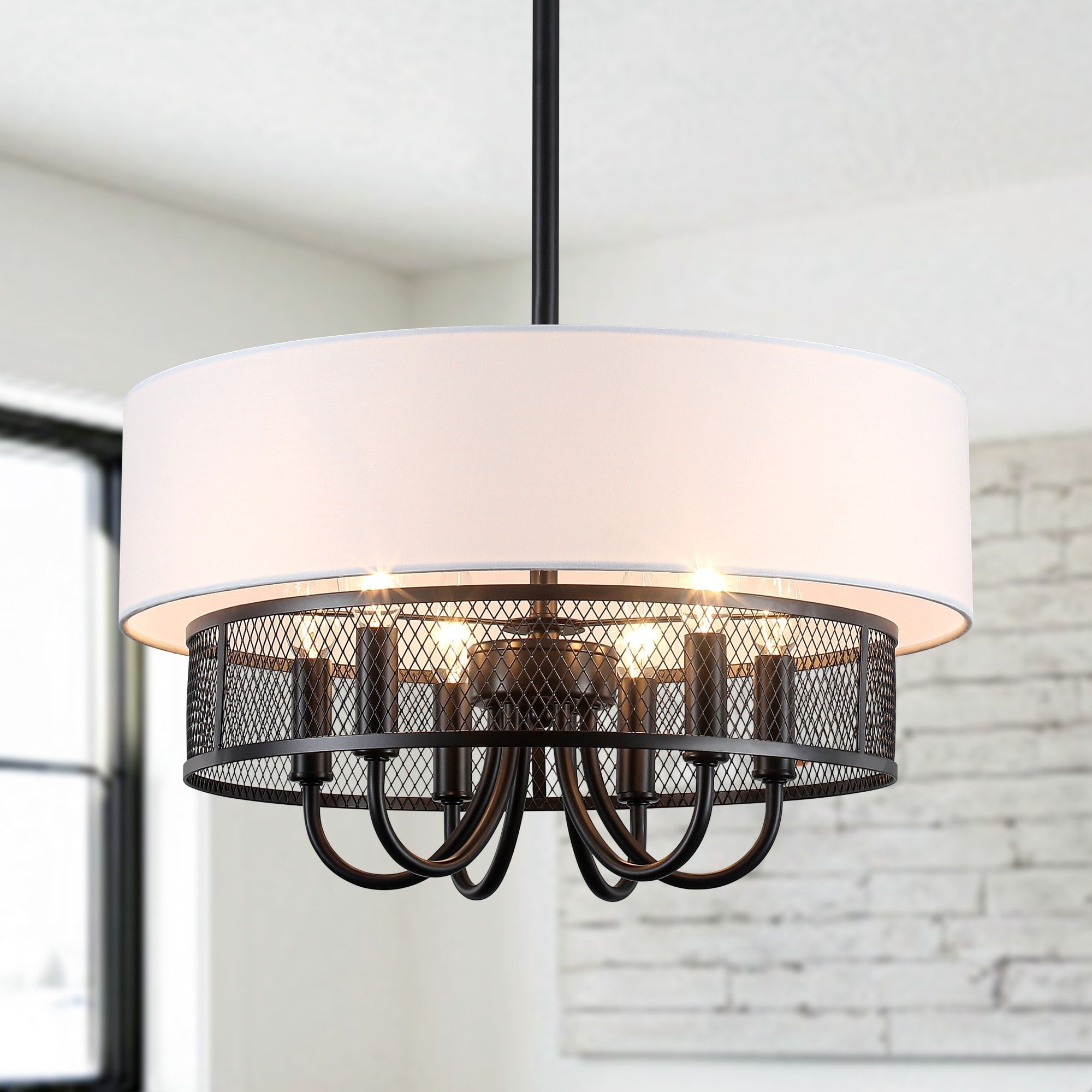 Industrial Rustic 6 Light Drum Pendant Light Metal Grid Frame With White Fabric Shade For Dining Room