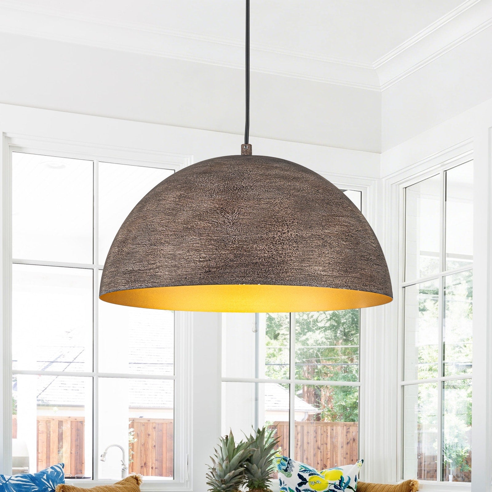 Industrial Rustic Wood Look Dome Pendant Light For Dining Room