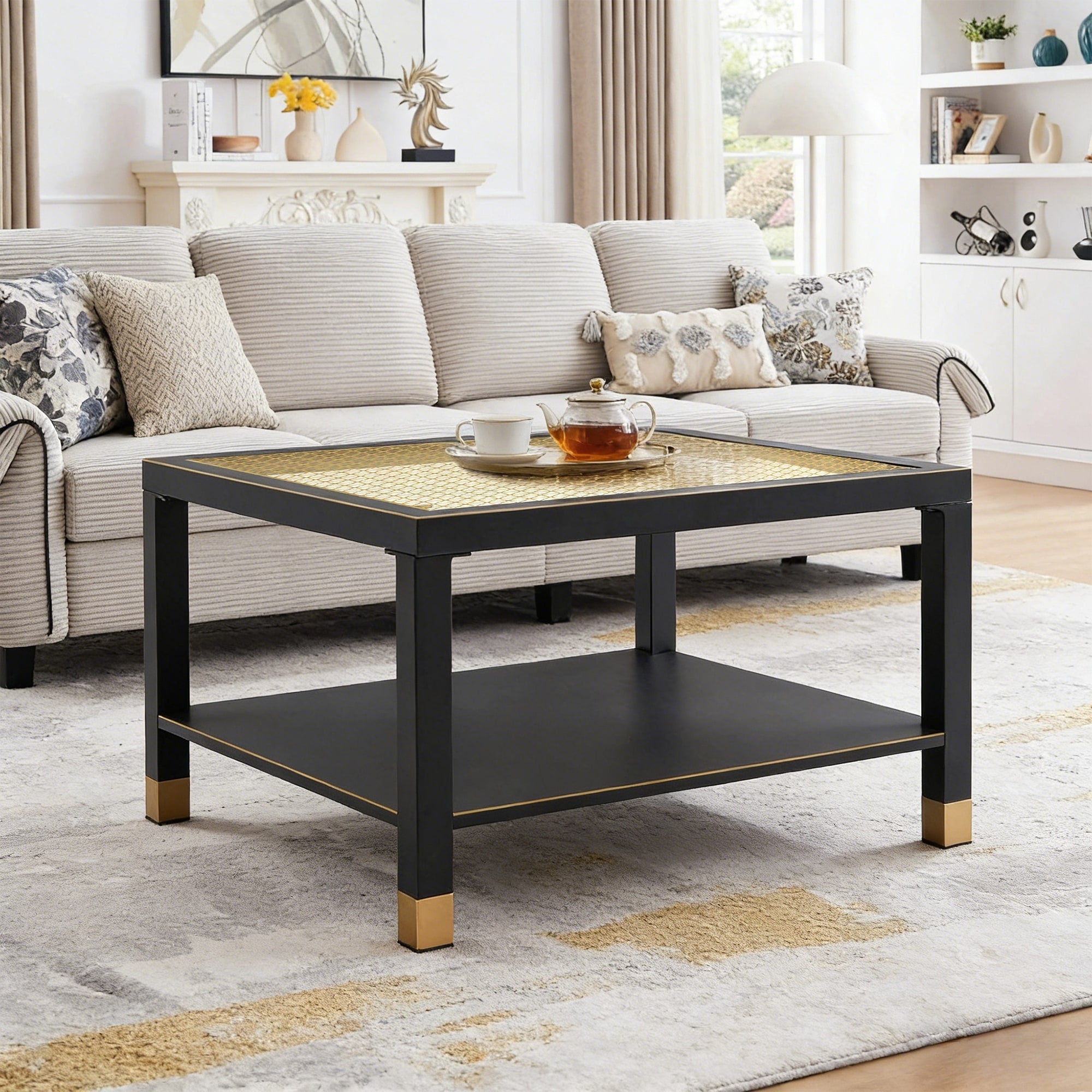 Industrial Square Coffee Table Side Table With Open Shelf Black Gold Sofa Table Cocktail Table End Table