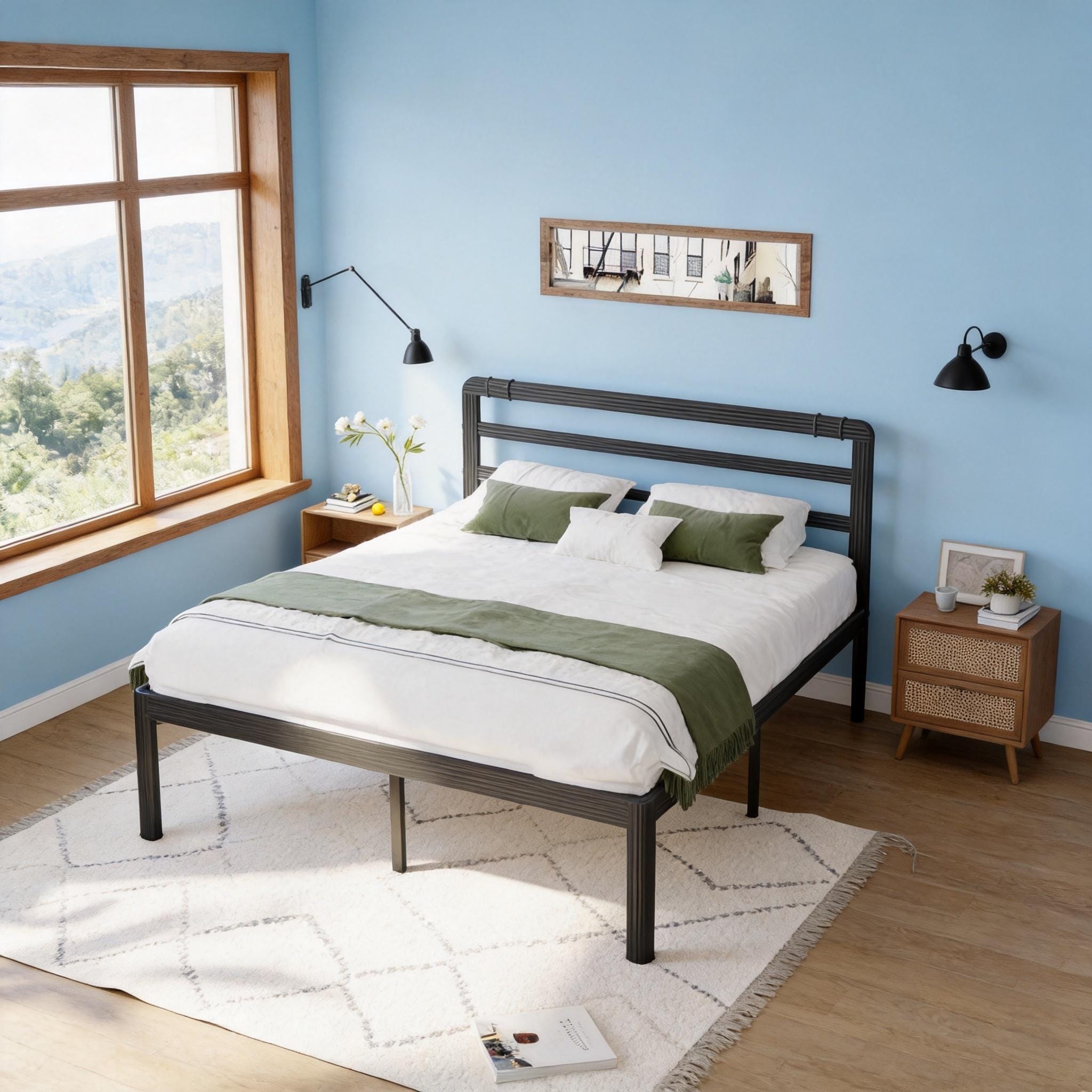 Industrial Style 18 Inch High Black Metal Bed Frame With Headboard No Box Spring Required