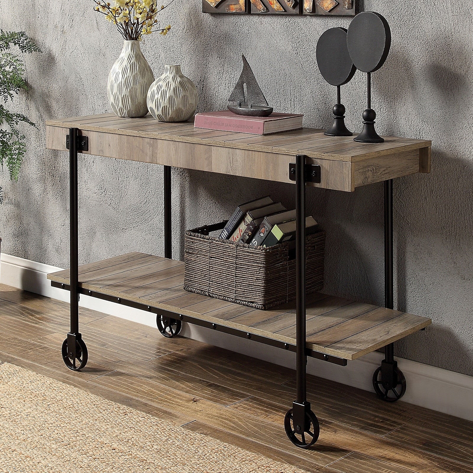 Industrial Style 1Pc Sofa Table Natural Tone Slat Design Console Table Open Bottom Shelf Living Room Furniture