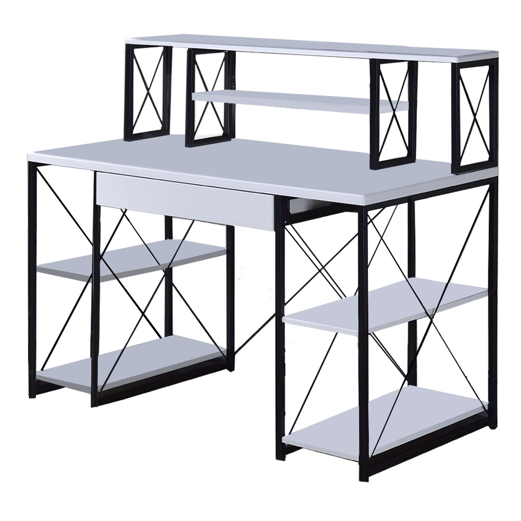 Industrial Style Desk With 4 Open Selves And Bookcase Hutch White