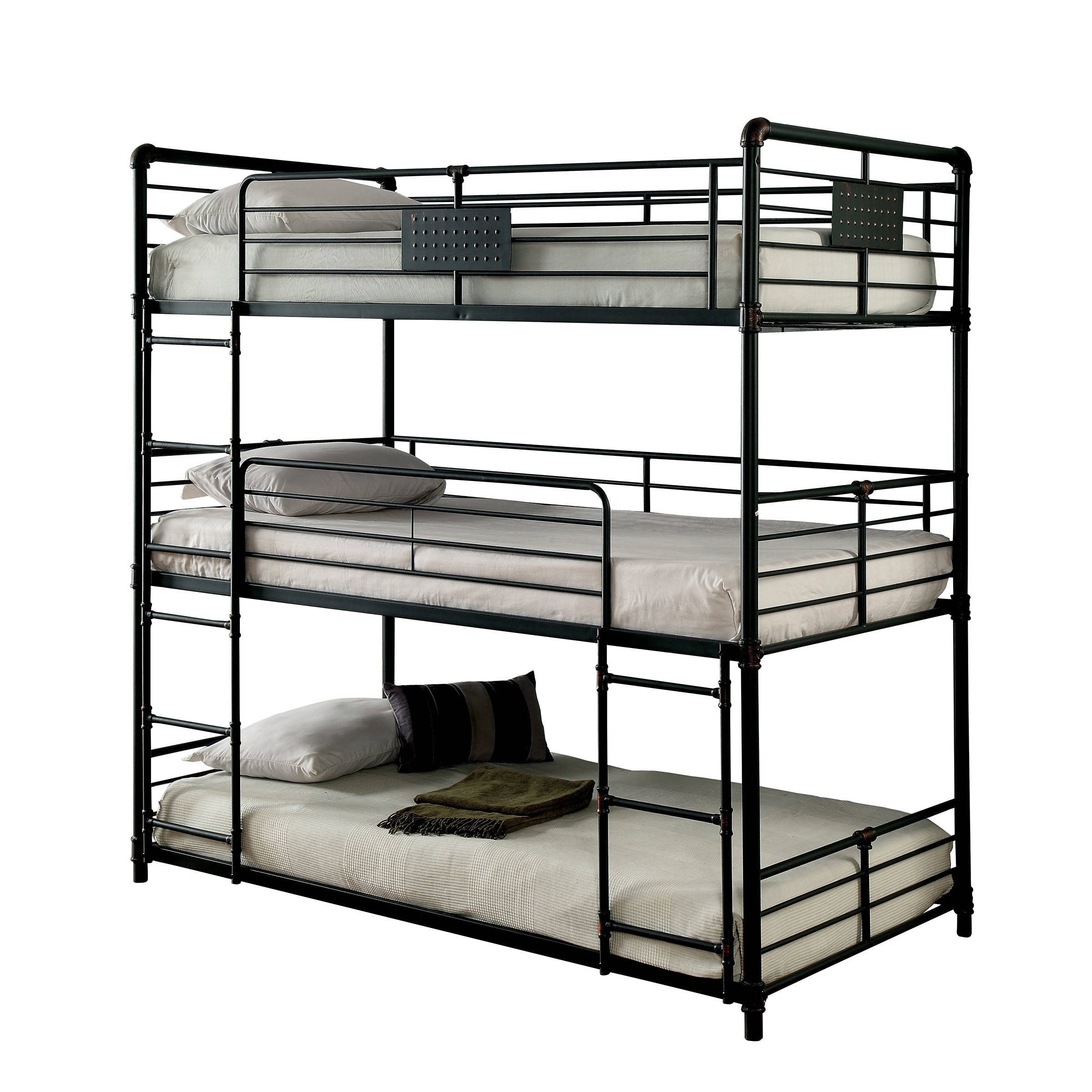 Industrial Style Full Triple Decker Bunk Bed With Ladder Gray