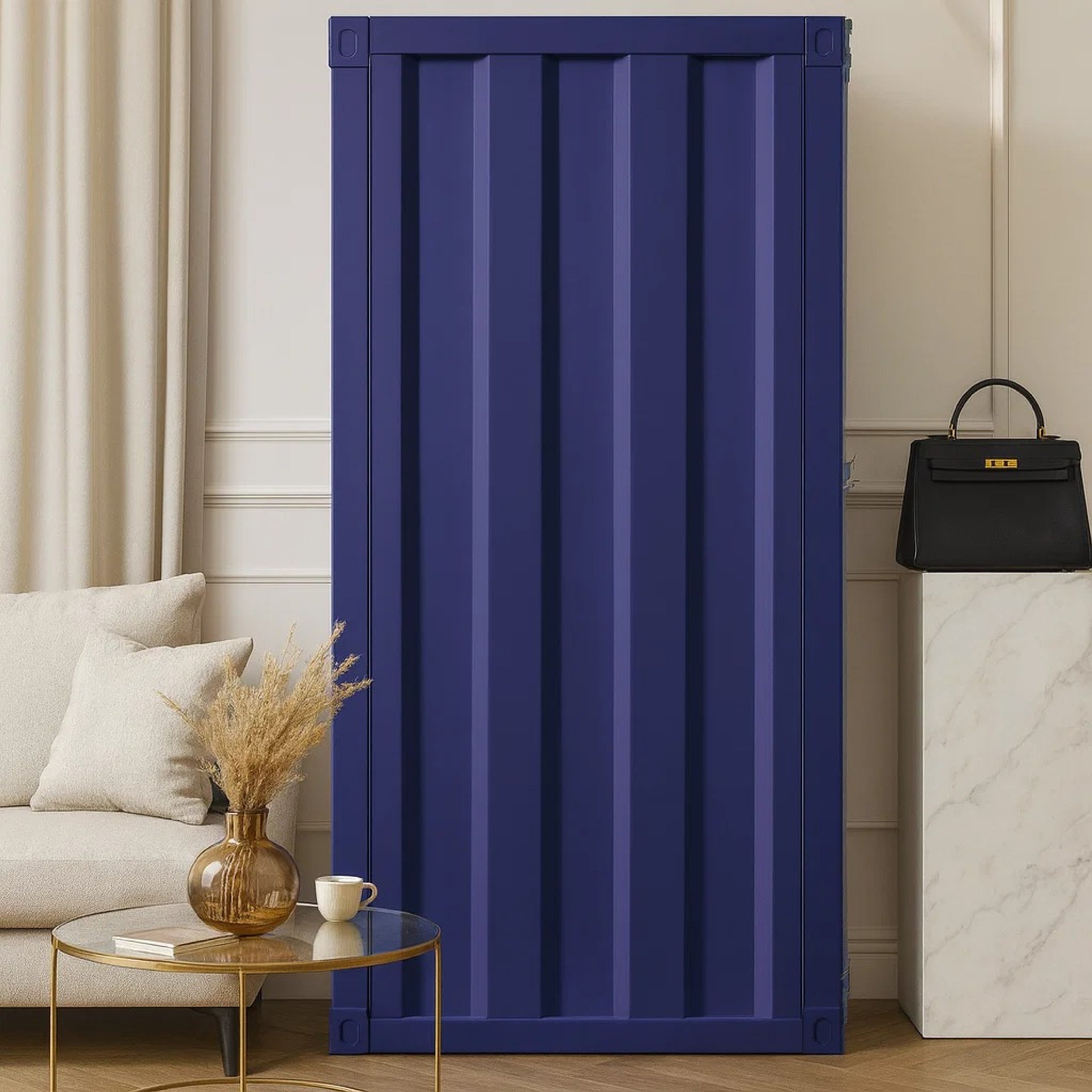 Industrial Style Metal Chest With Recessed Door Front Blue