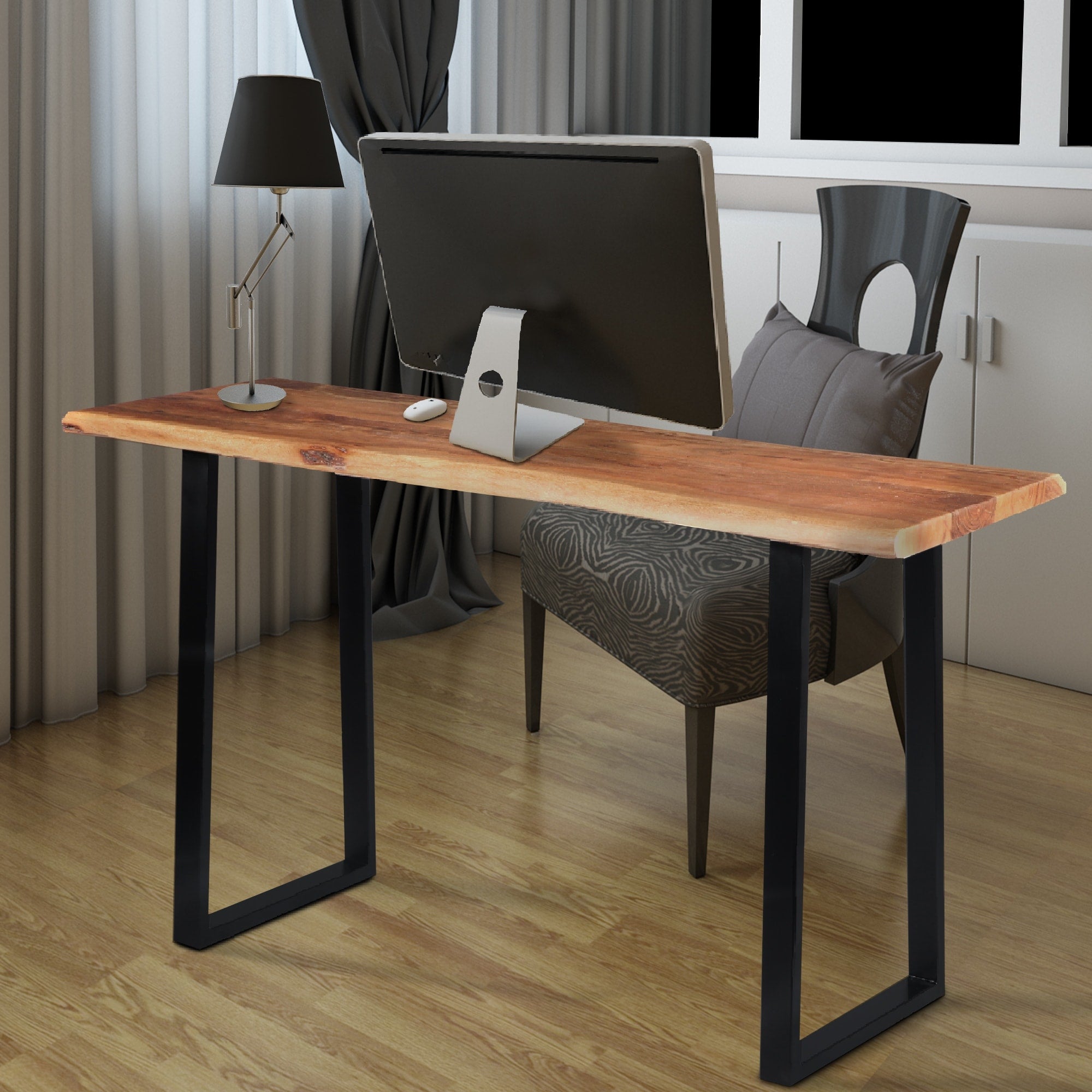 Industrial Wooden Live Edge Desk With Metal Sled Leg Support Brown And Black