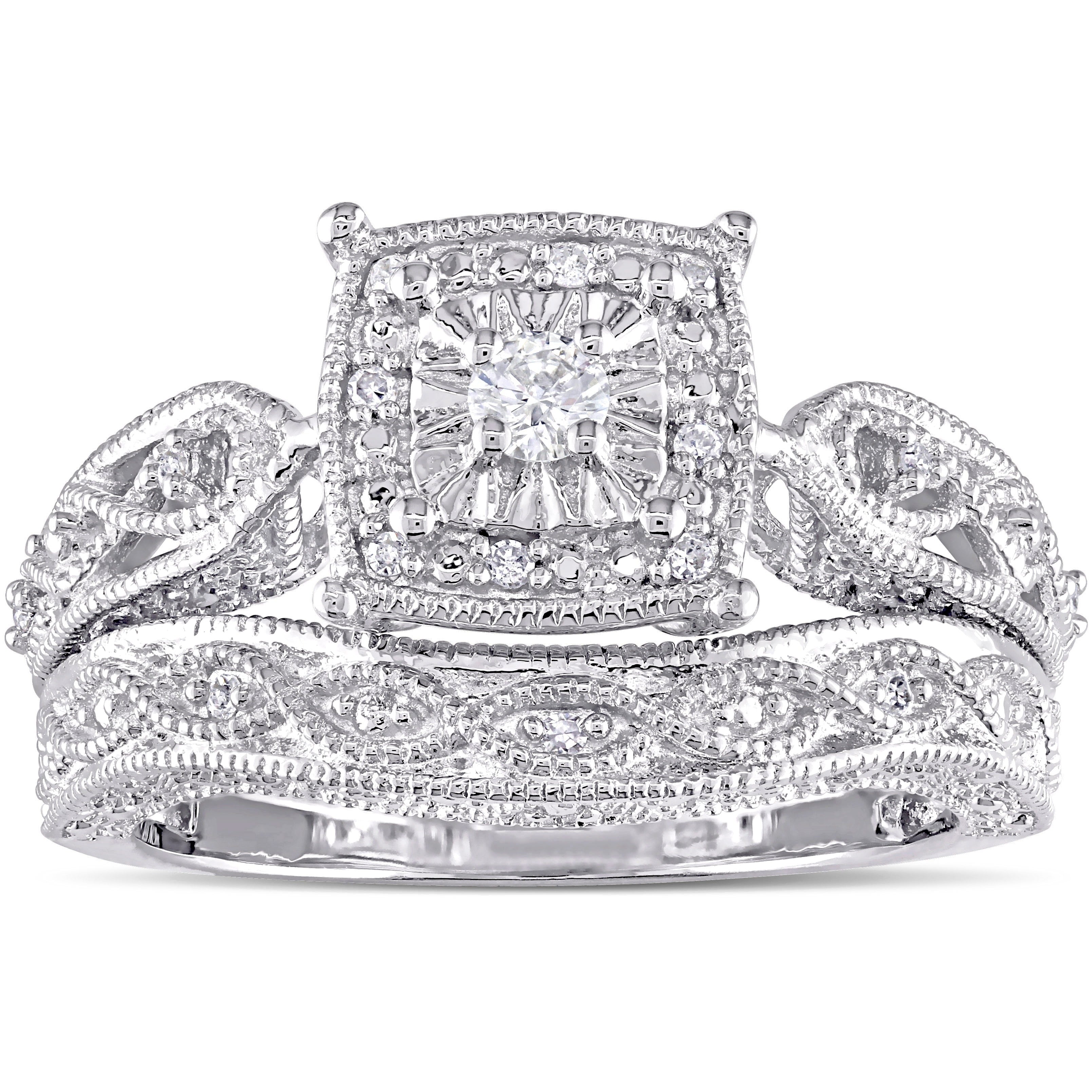 Miadora Sterling Silver 1 5Ct Tdw Diamond Milgrain Engagement Ring Set