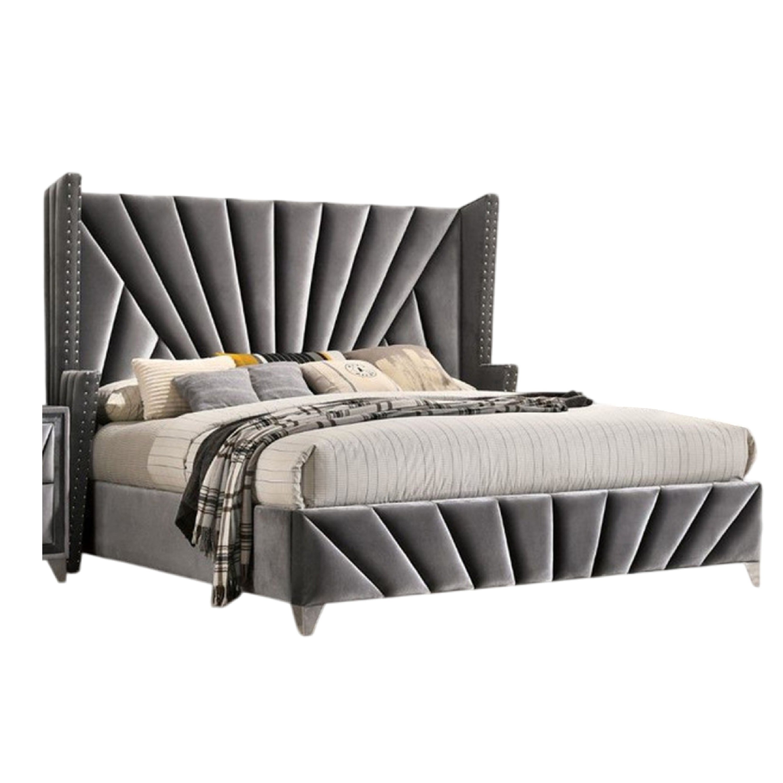 Ino Queen Size Bed W Wingback Headboard Gray Fabric Upholstery