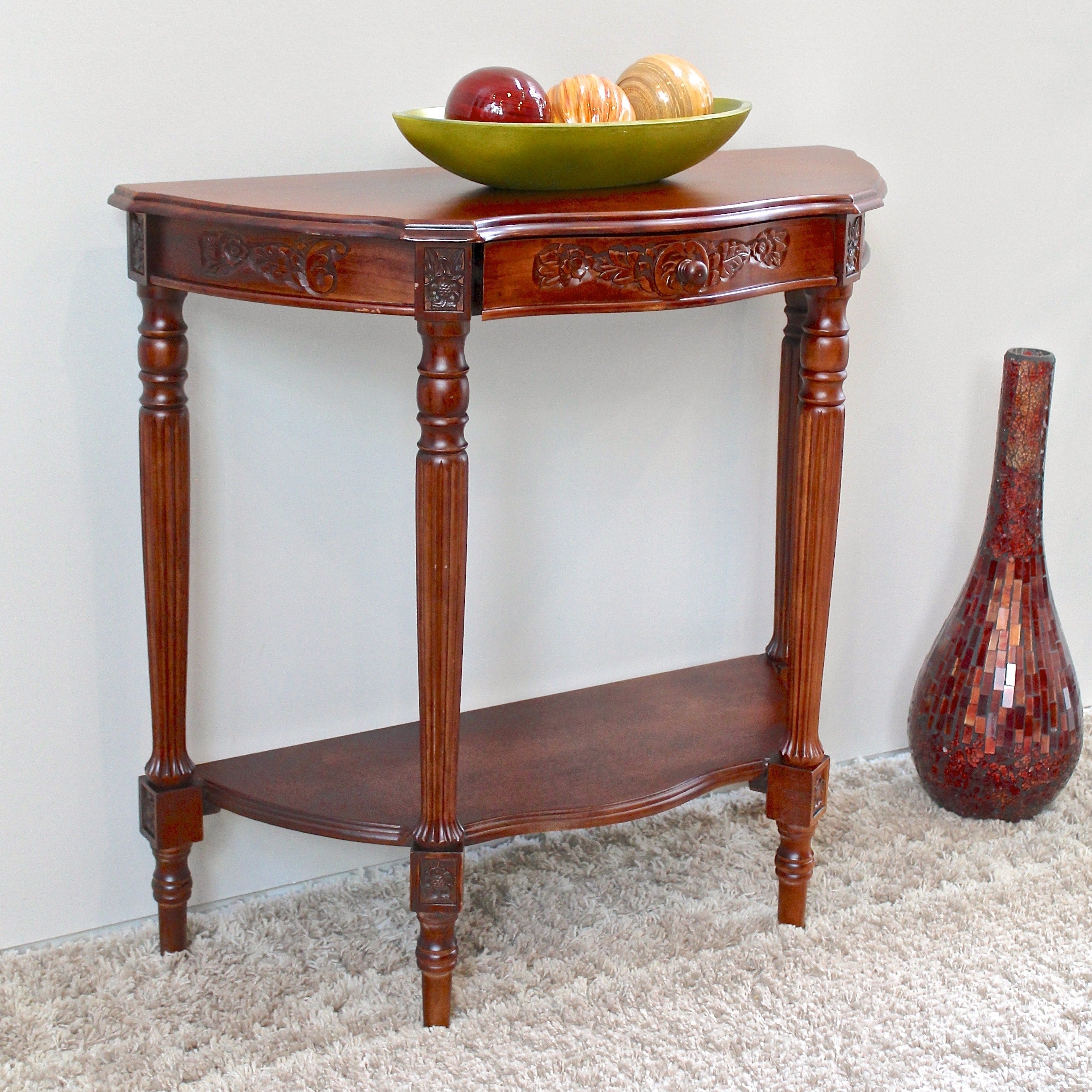 International Caravan Shangri La Mozi Hand Carved Wood Half Moon Table