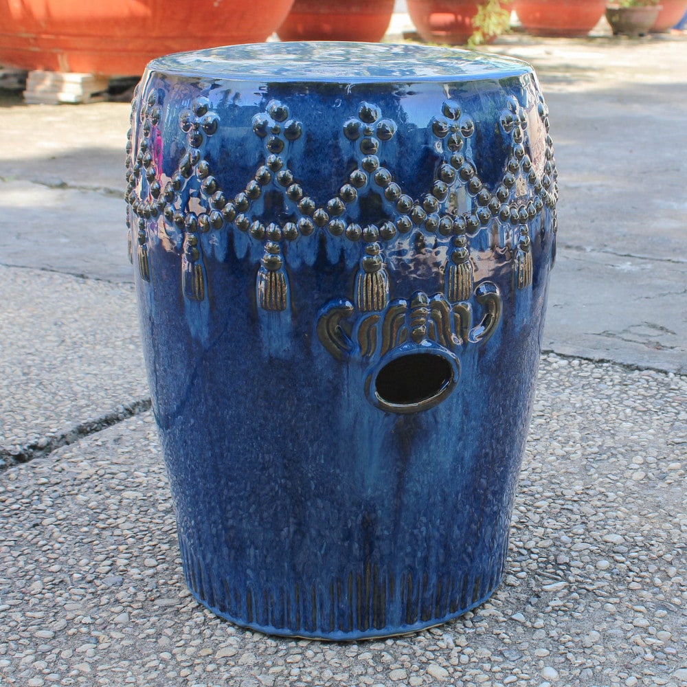 International Caravan Glazed Ceramic Tasseled Garden Stool