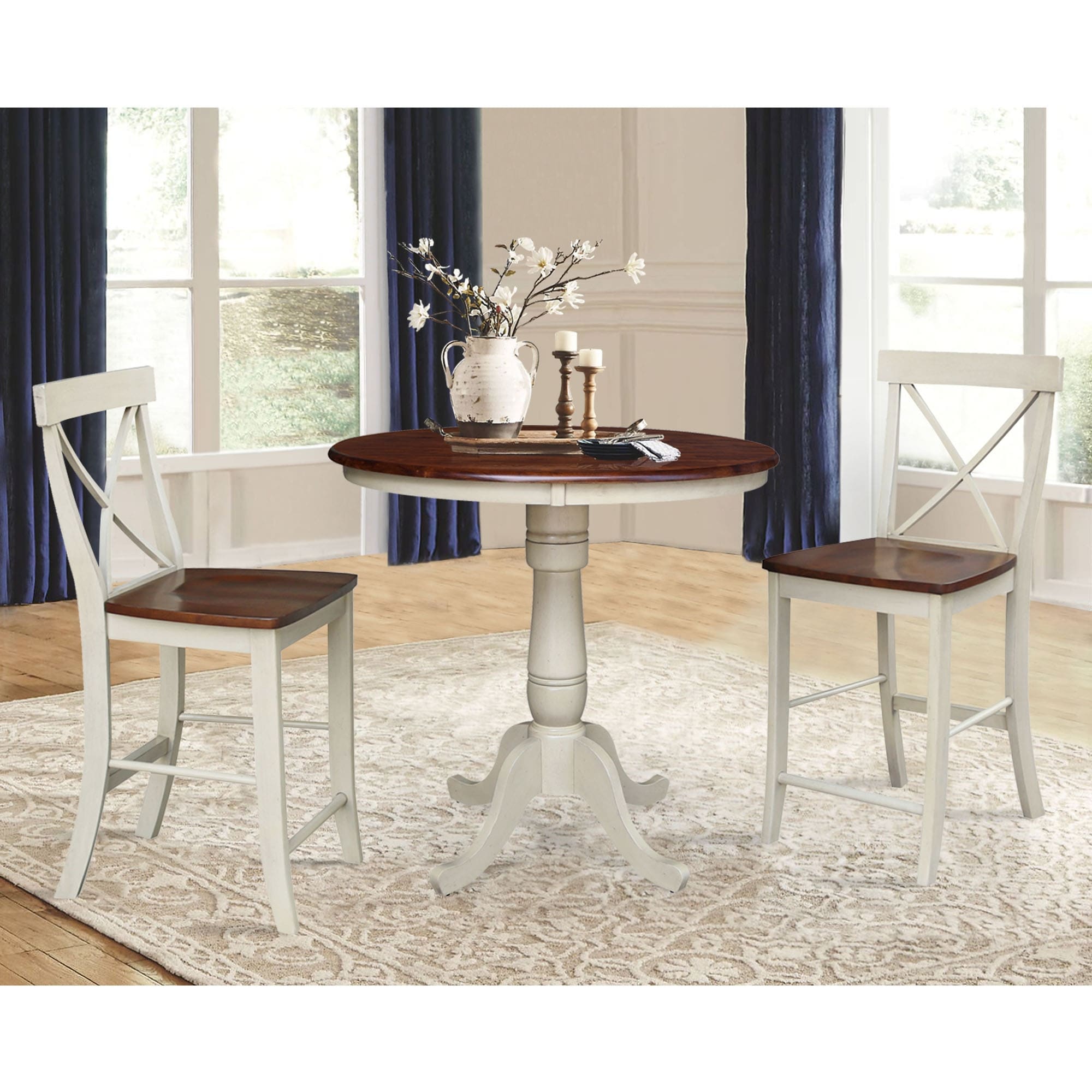 International Concepts 36 Round Pedestal Table With 2 X Back Counter Height Stools Set Of 3