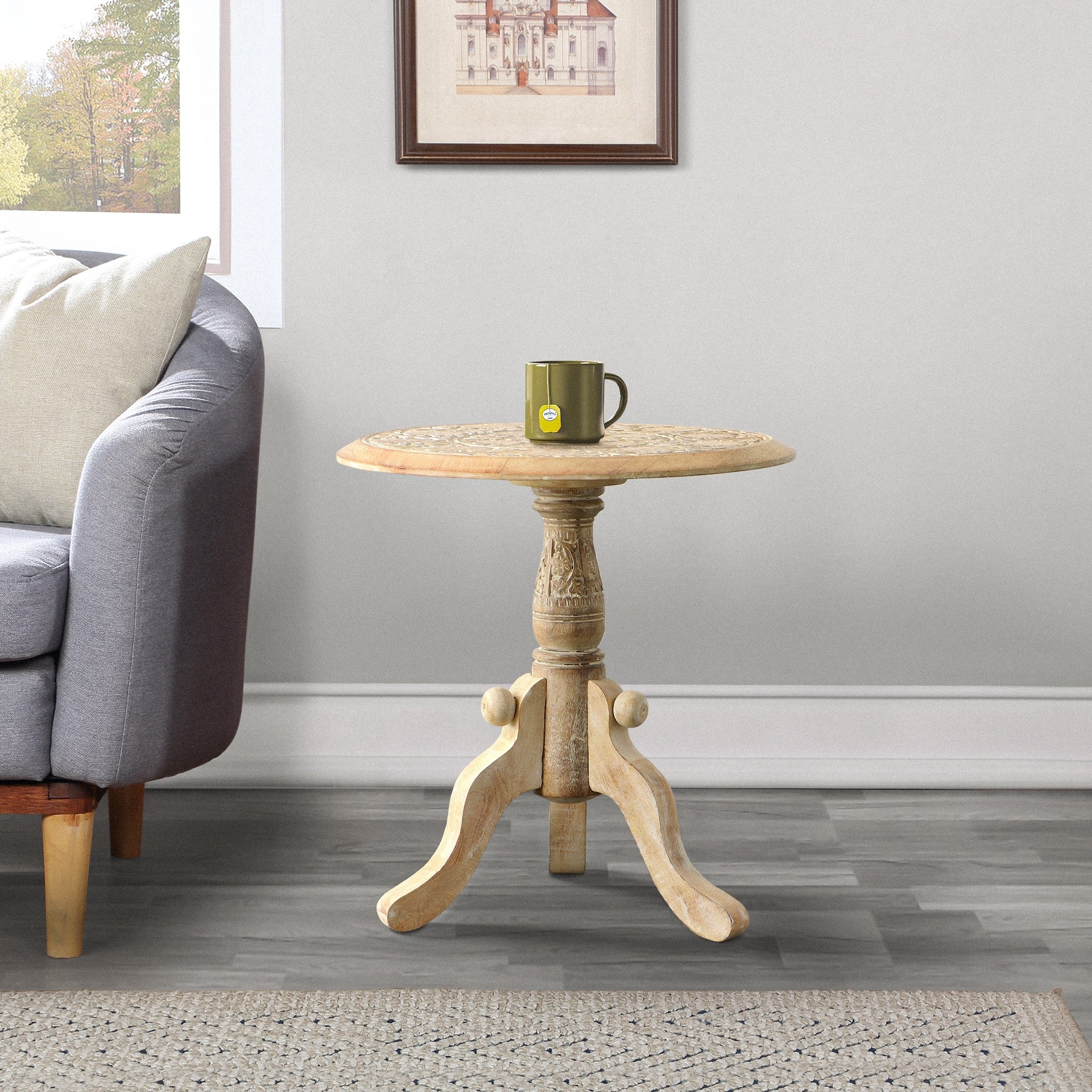 Intricately Carved Round Top Mango Wood Side End Table With Pedestal Base Brown And White