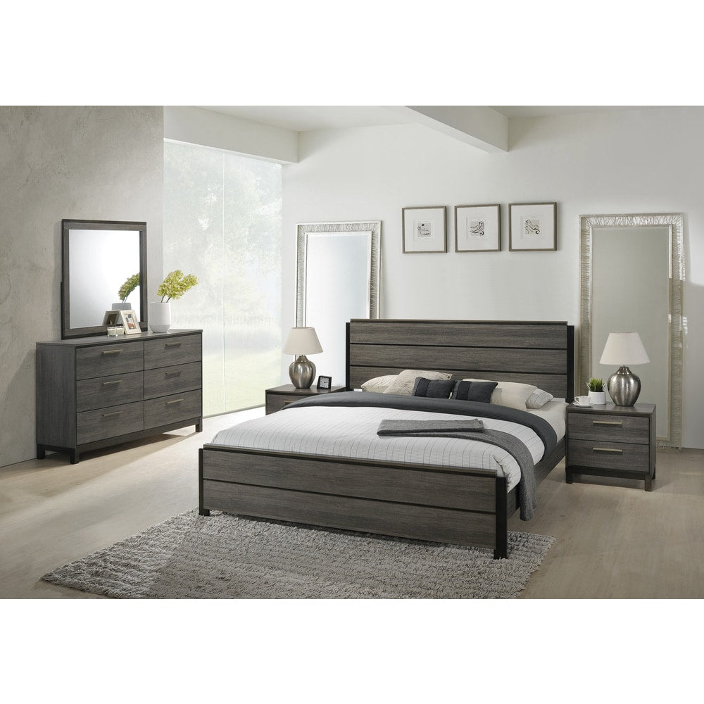 Ioana 187 Antique Grey Finish Wood Bed Room Set King Size Bed Dresser Mirror 2 Night Stands