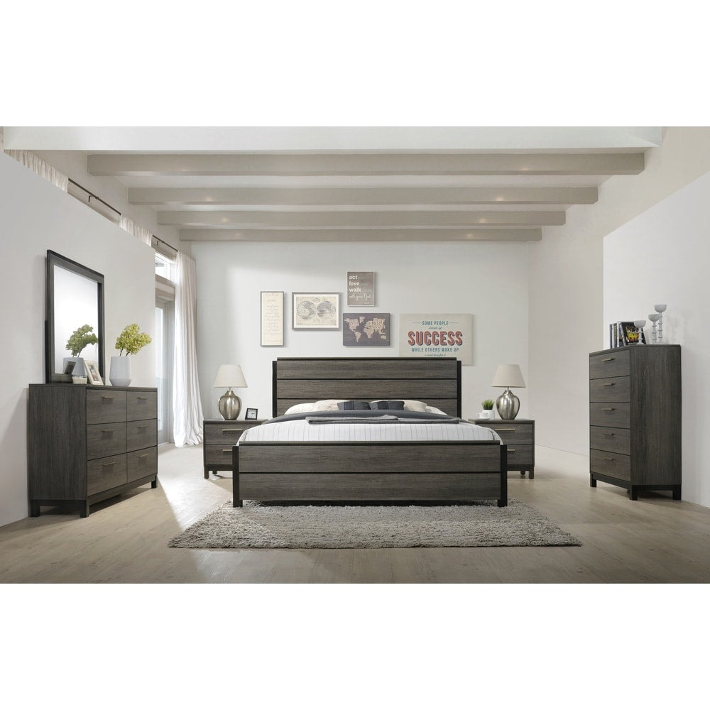 Ioana 187 Antique Grey Finish Wood Bed Room Set Queen Size Bed Dresser Mirror 2 Night Stands Chest