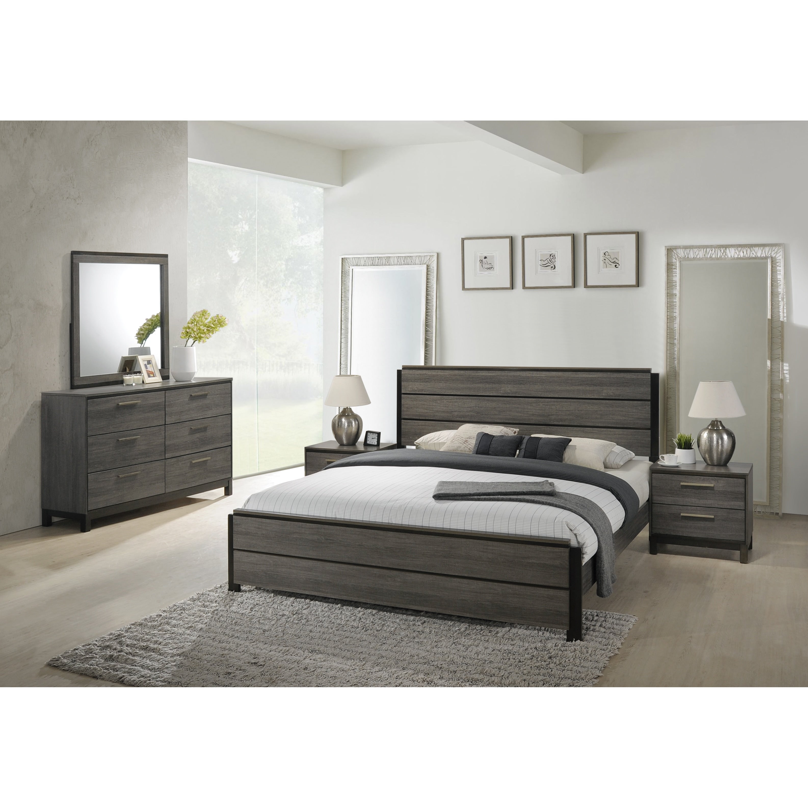 Ioana 187 Antique Grey Finish Wood Bed Room Set Queen Size Bed Dresser Mirror 2 Night Stands