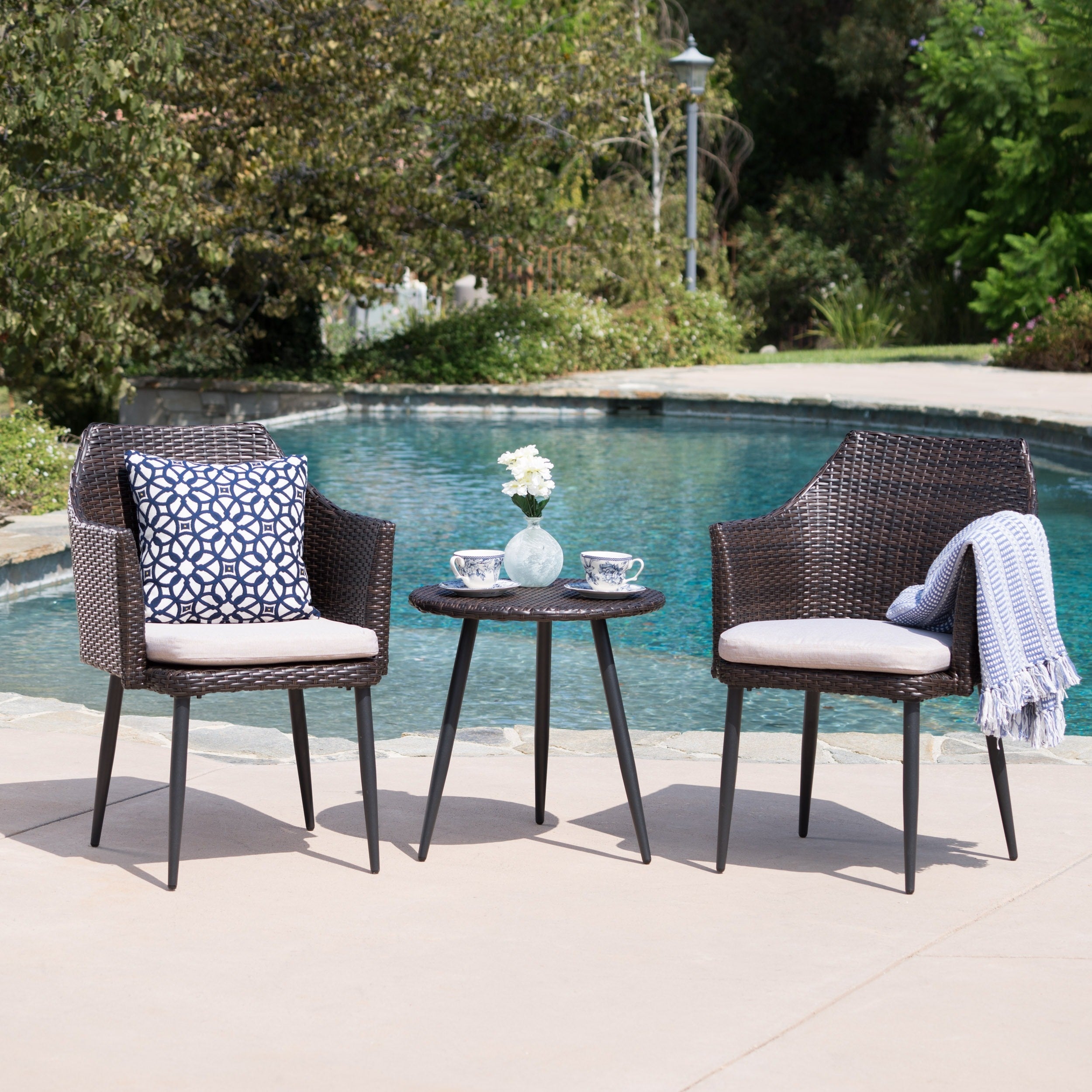Iona Outdoor 3 Piece Round Wicker Chat Set With Cushions By Christopher Knight Home
