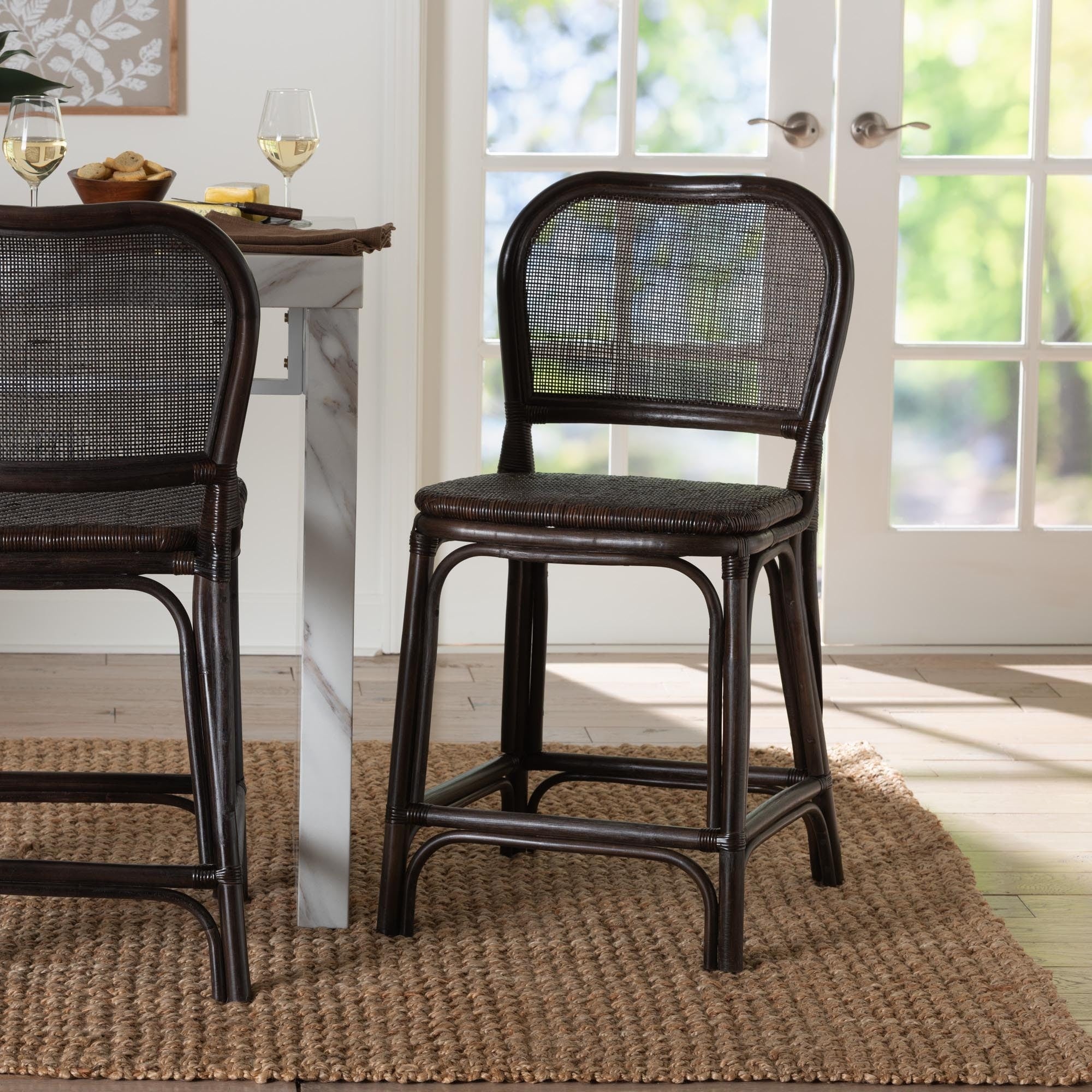 Irene Natural Rattan Counter Stool Handwoven Wicker Accent Stool With Lattice Backrest For Kitchen Island Seating