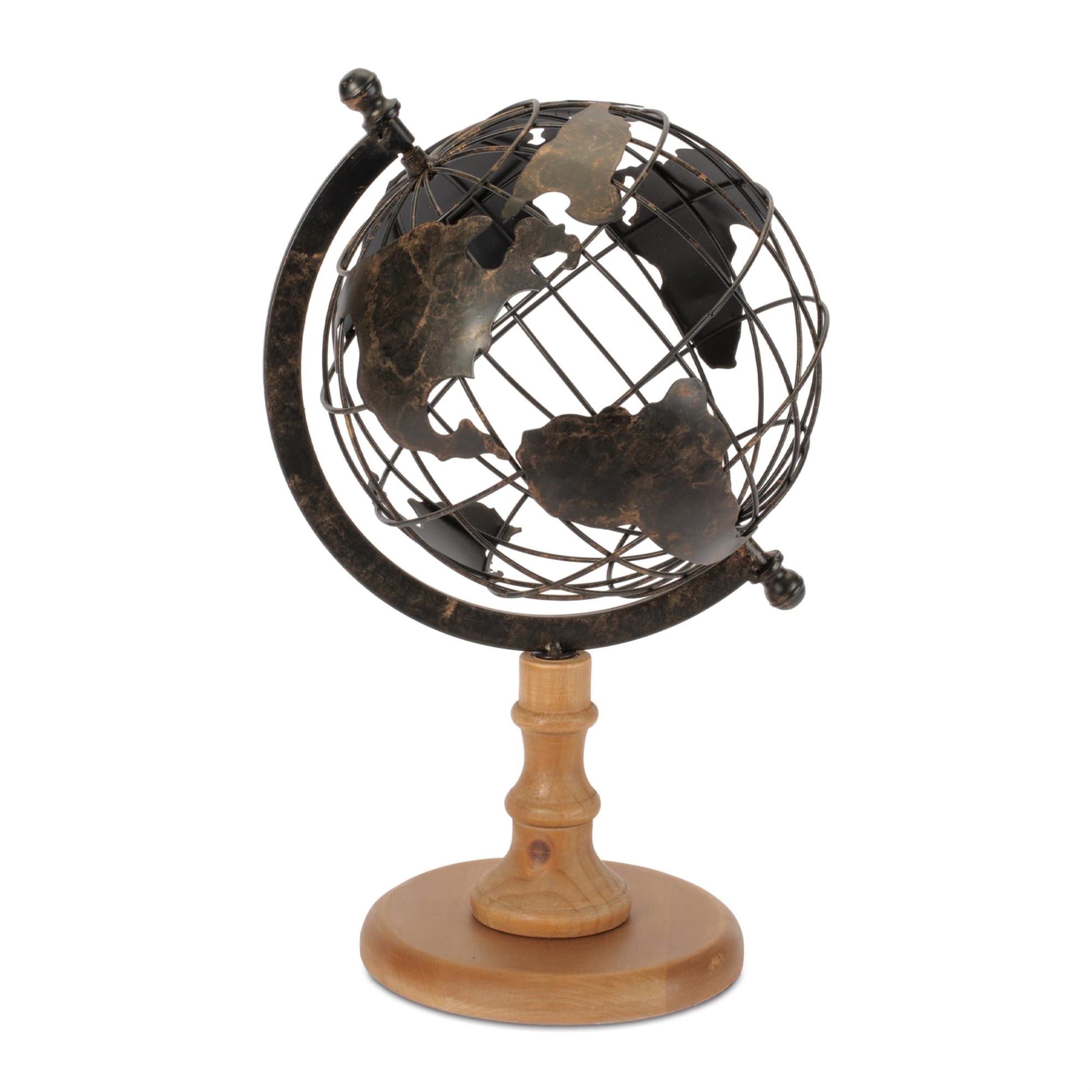 Iron Globe With Natural Wood Base 14.5 H