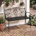 Iron Outdoor Bench With Hand Colored Patterns 2 Seater Weather Resistant Patio Bench