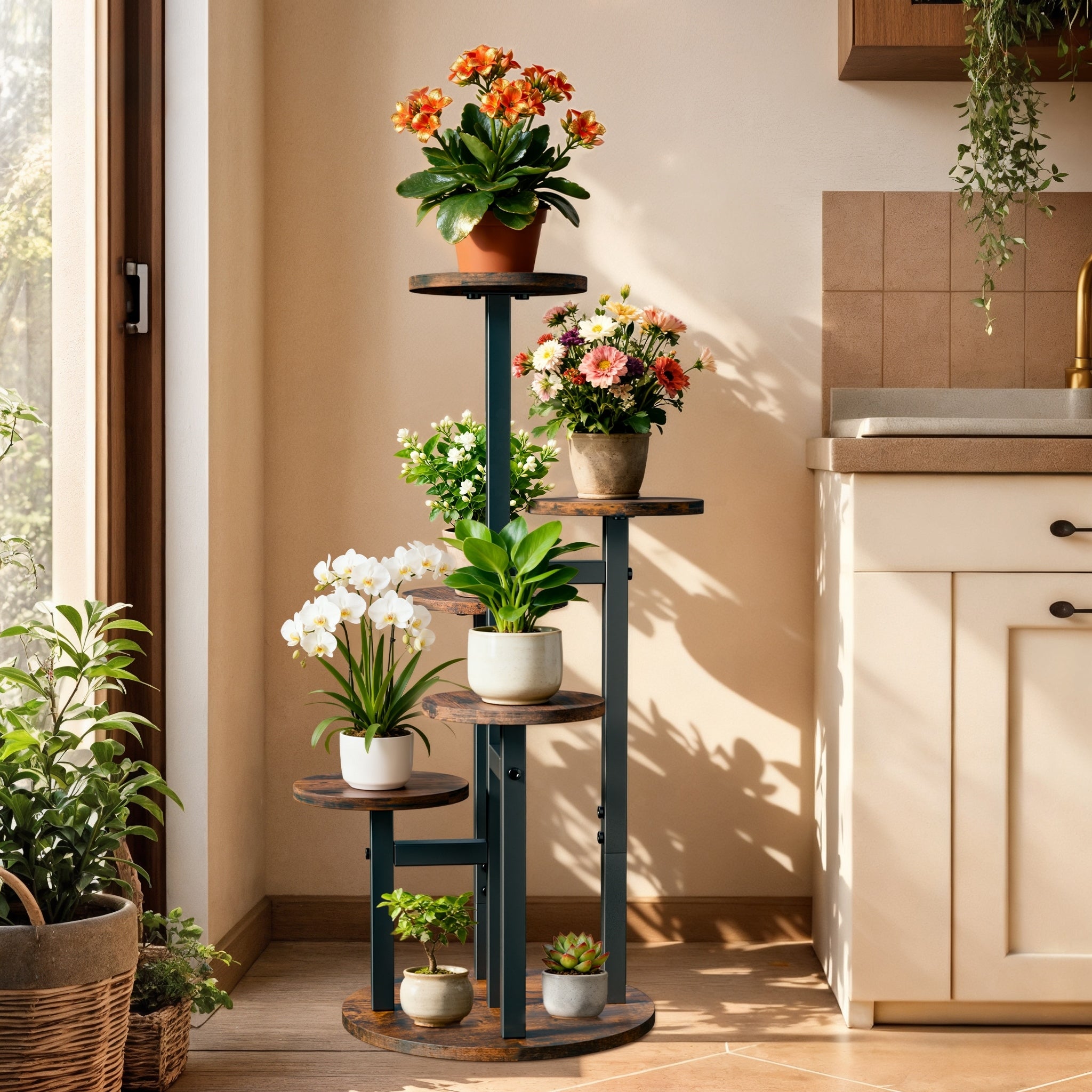 Iron Wood 5 Tier Plant Stand Round Corner Flower Shelf Indoor Outdoor