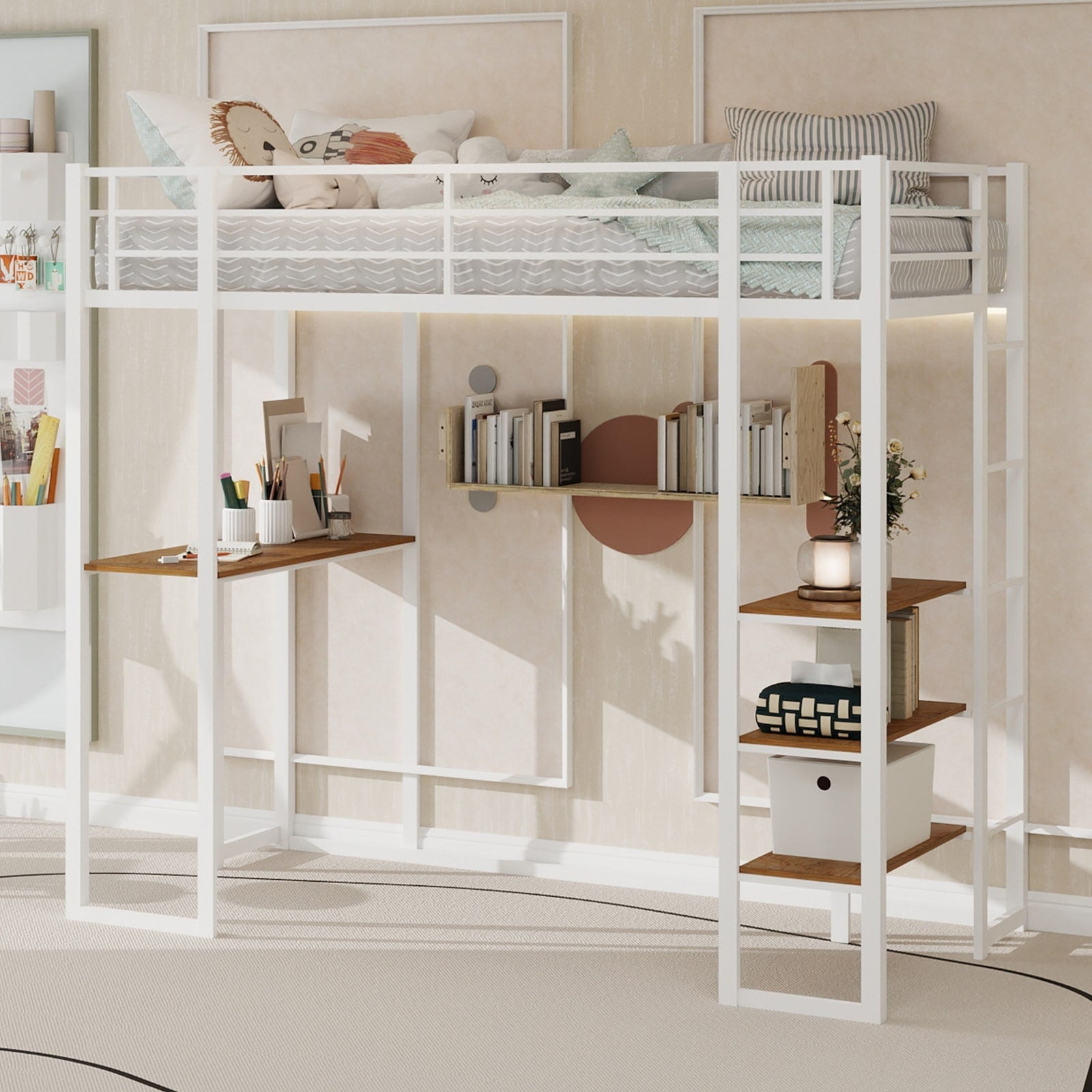 Iron Frame Bed With Bed And Table With Stairs On Both Sides