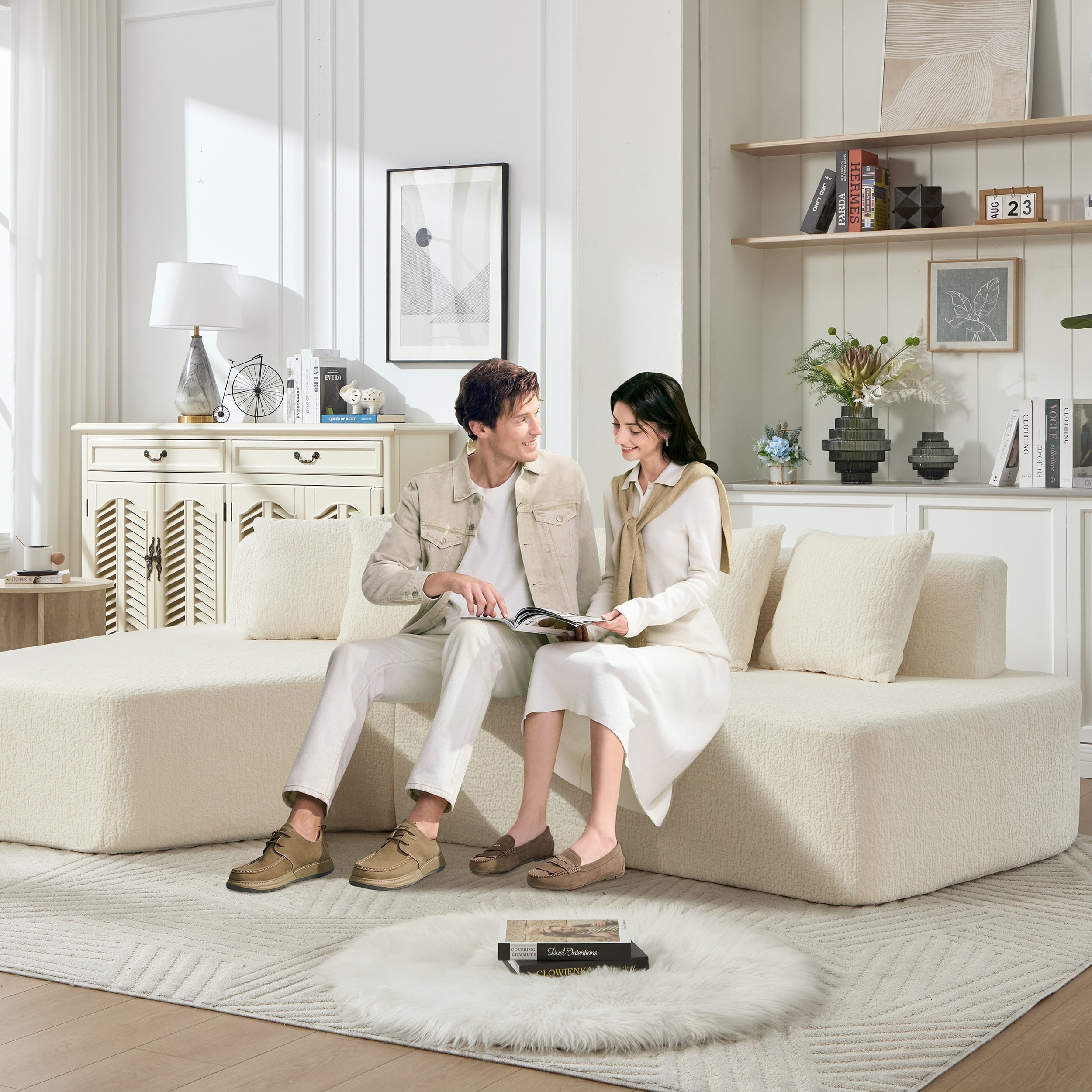 Irregular L Shaped Modular Sectional Sofa With Chaise Lounge Comfy Corduroy Deep Seat Cloud Couch 3 Seat Sofa With 5 Pillows