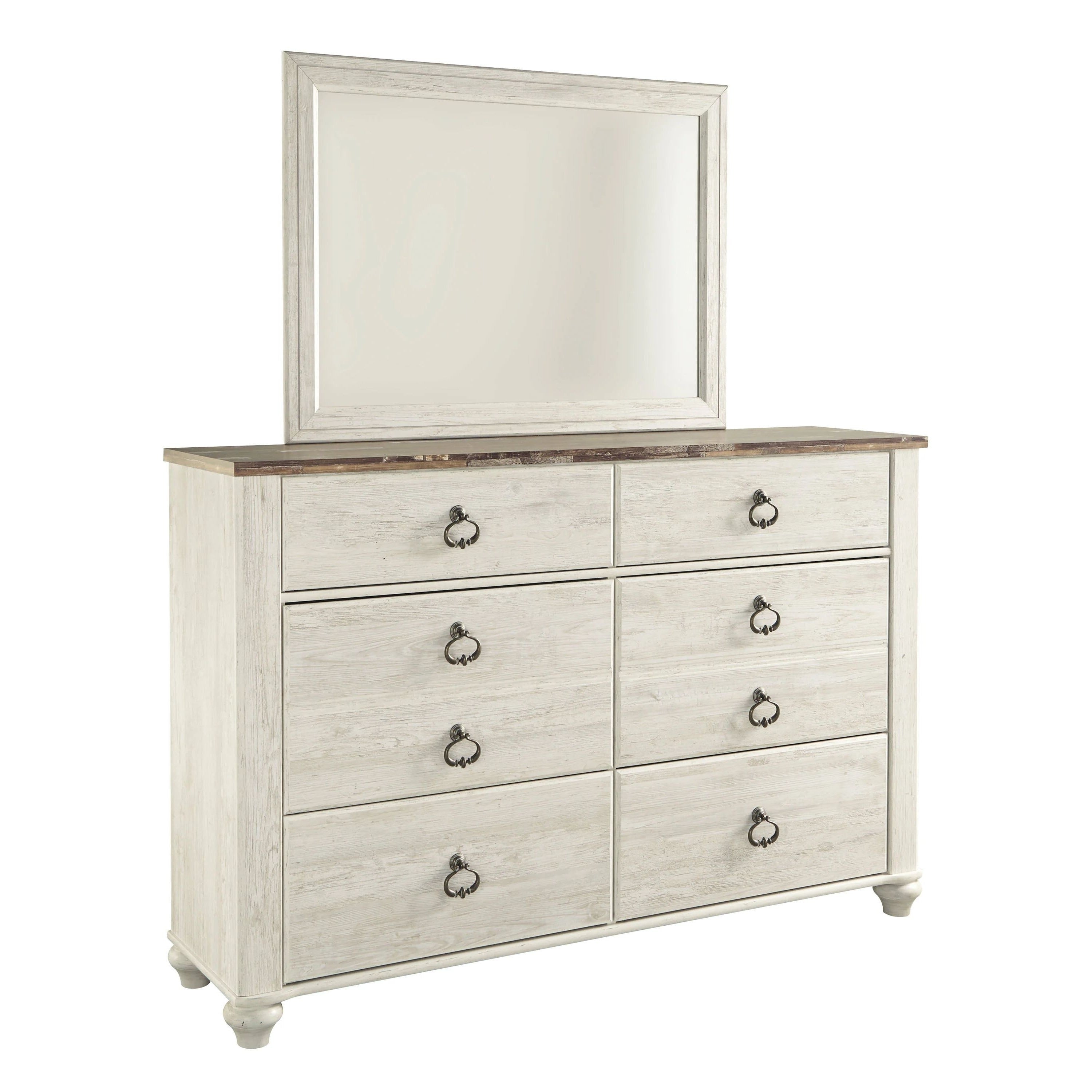 Isla Dresser And Mirror Set 6 Drawers Brown Faux Plank Top Whitewash