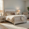 Isla Queen Sleigh Bed Faux Planks Carved Metal Accent Whitewash Wood