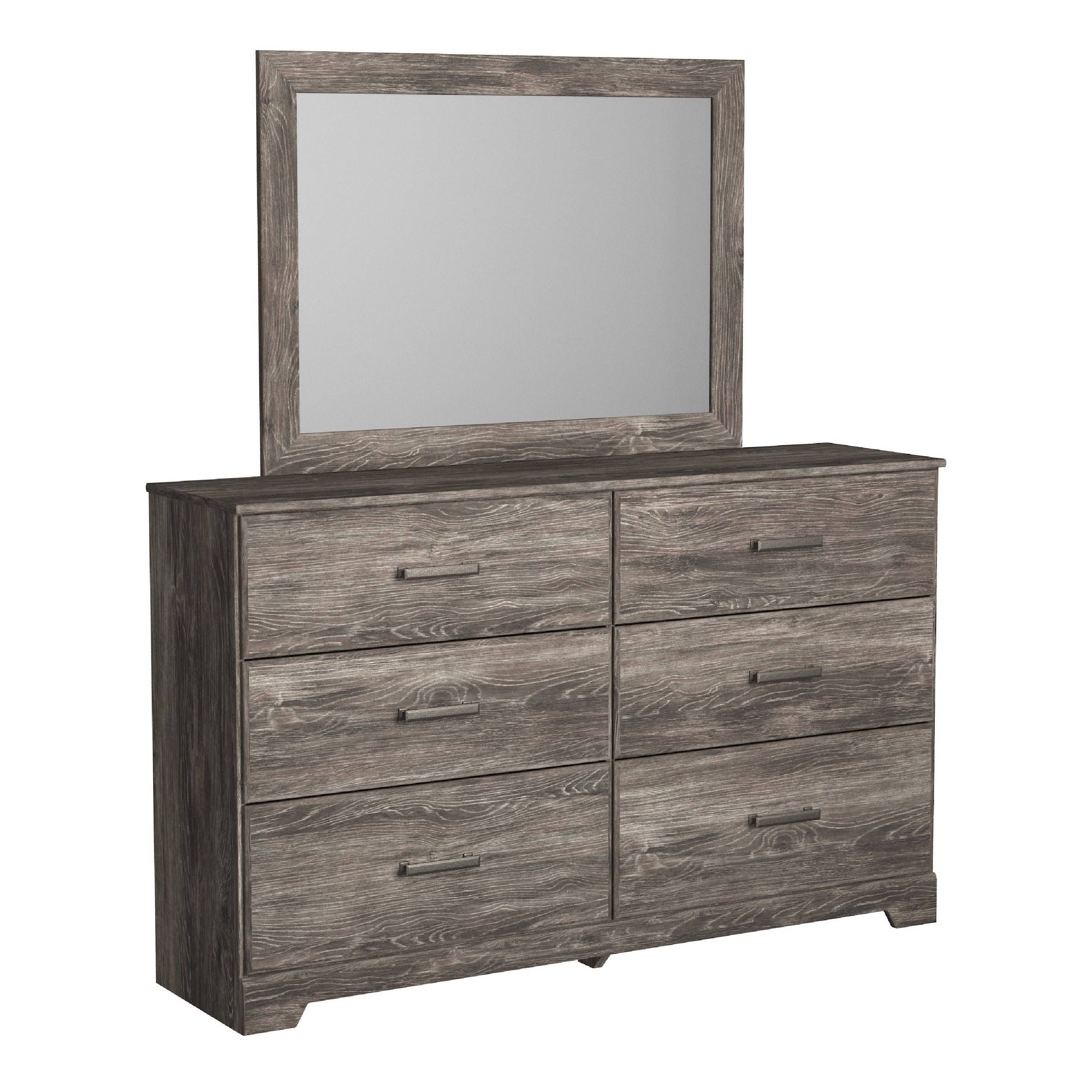 Isnk 2Pc Dresser And Mirror Set 6 Drawers W Bar Handles Rustic Gray
